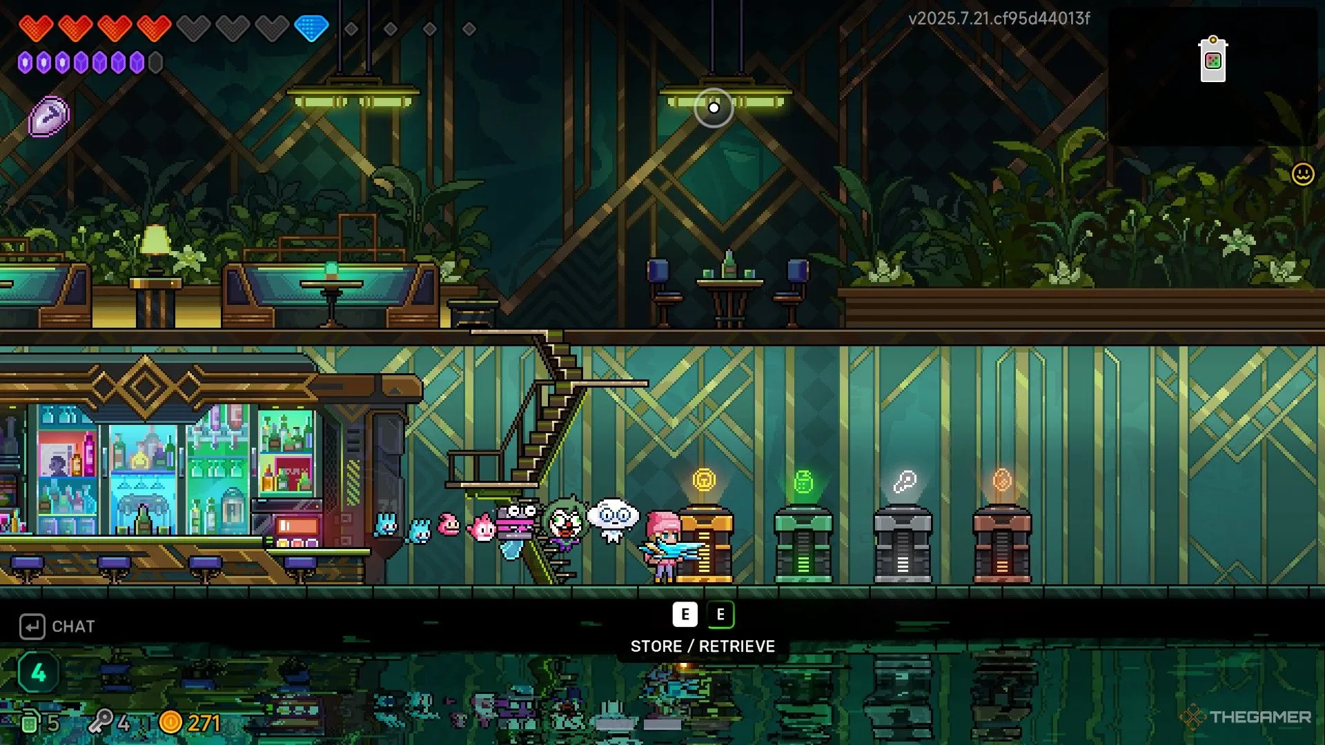 Elise và nhiều Hatchmon bên cạnh bốn thùng chứa tài nguyên trong Blackdog Safehouse của Neon Abyss 2