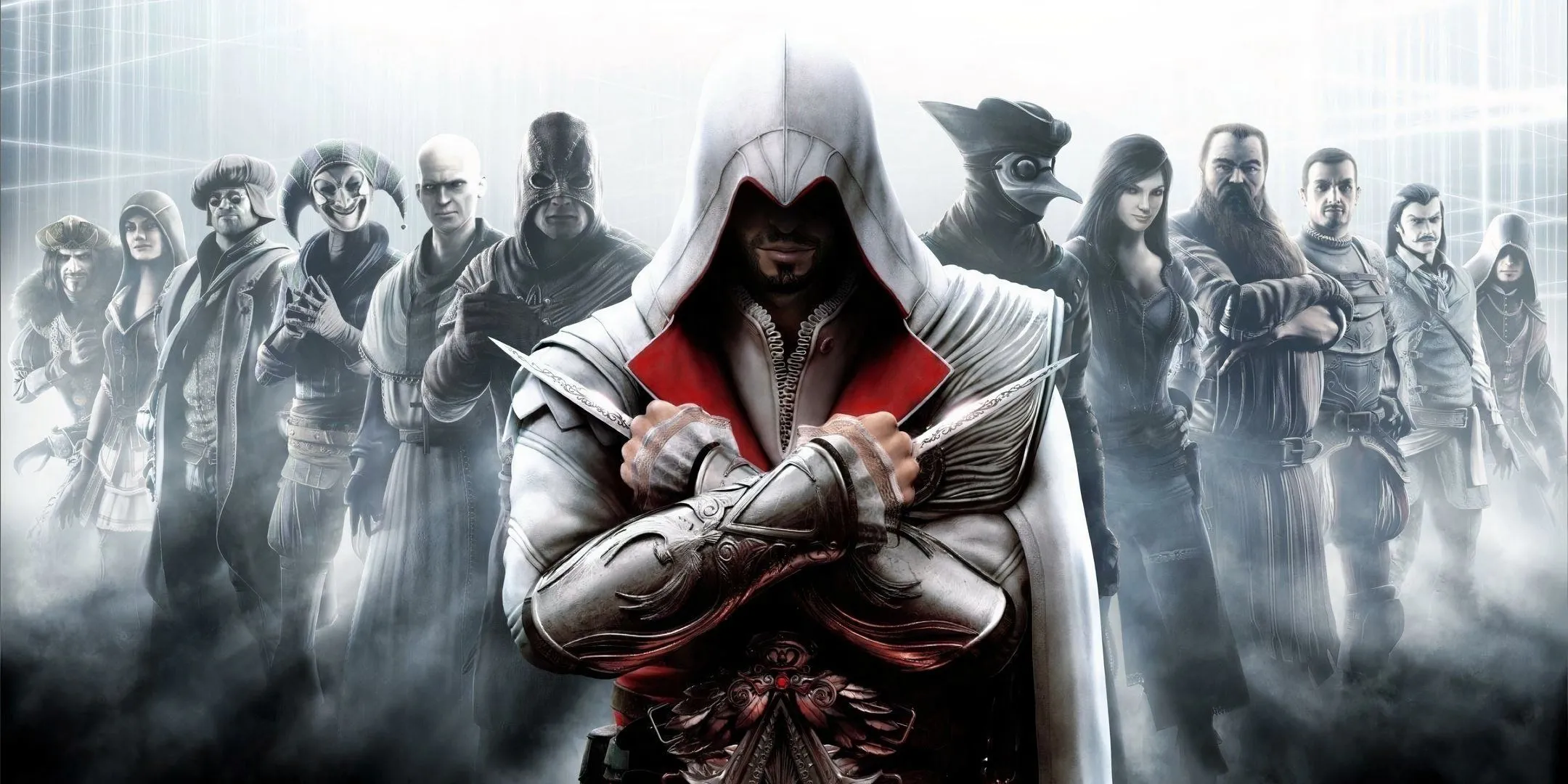 Ezio Auditore da Firenze, biểu tượng của series game Assassin's Creed, đứng cùng các Sát Thủ khác, tượng trưng cho giai đoạn vàng son của dòng game này.
