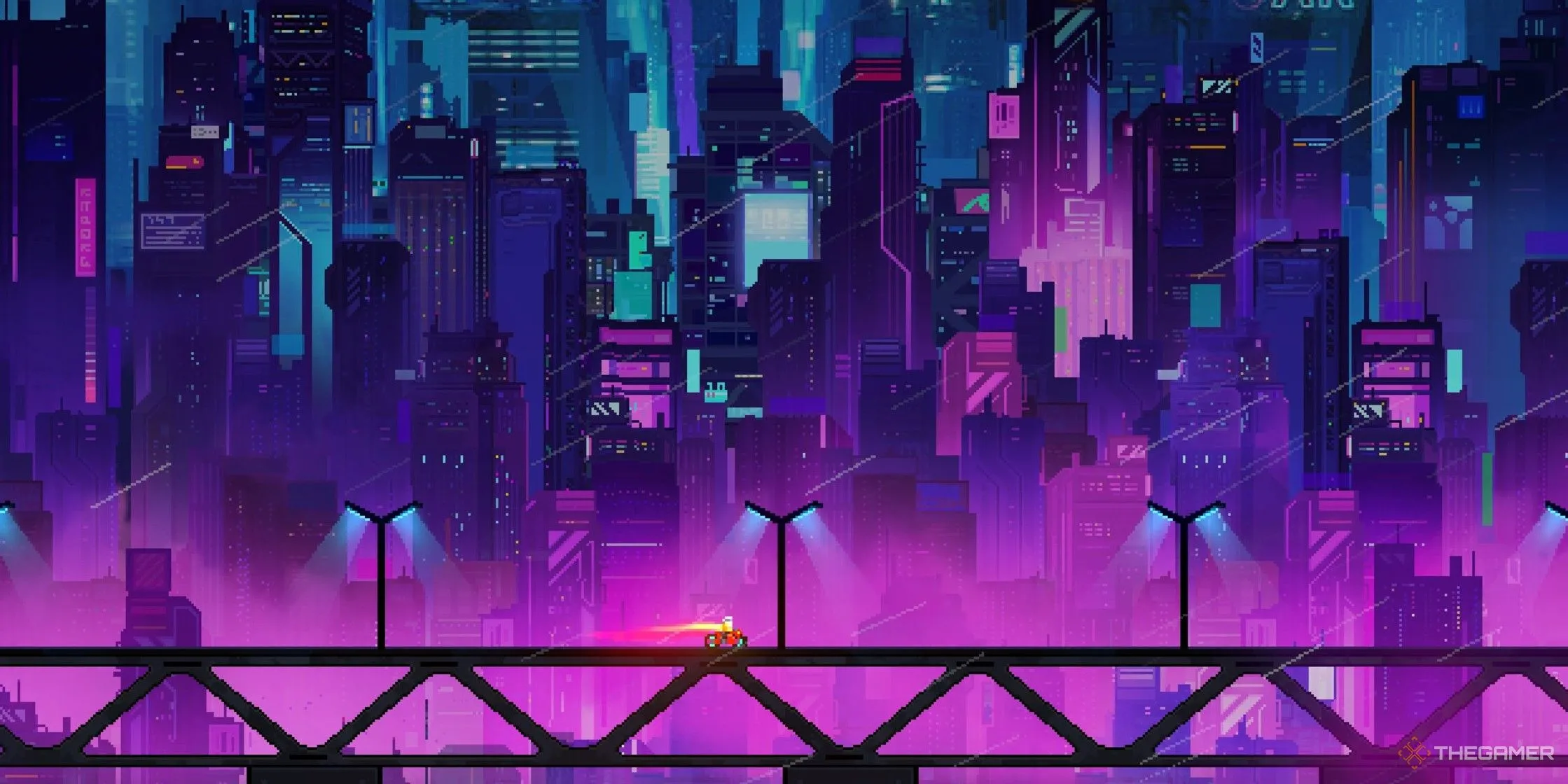 Game thủ cưỡi xe đạp trên cầu, phía sau là thành phố pixel art trong Neon Abyss 2