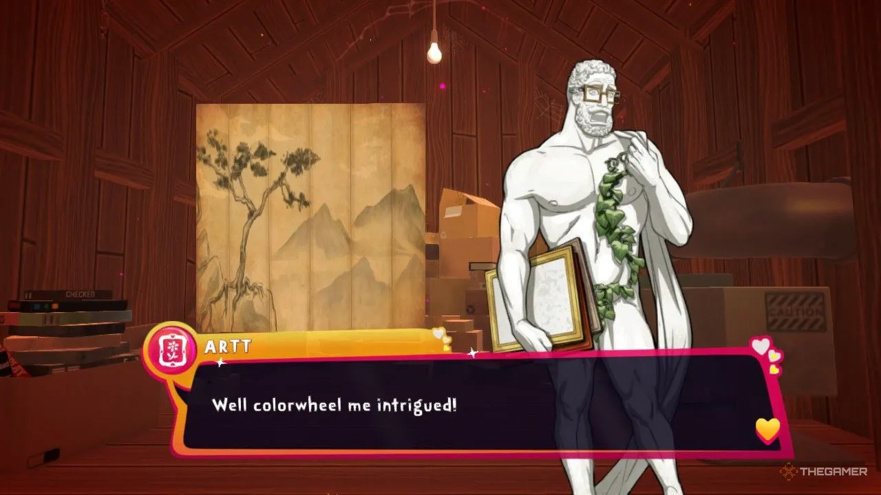Game thủ đang trò chuyện với Artt về bức tranh nghệ thuật Nhật Bản trong Date Everything