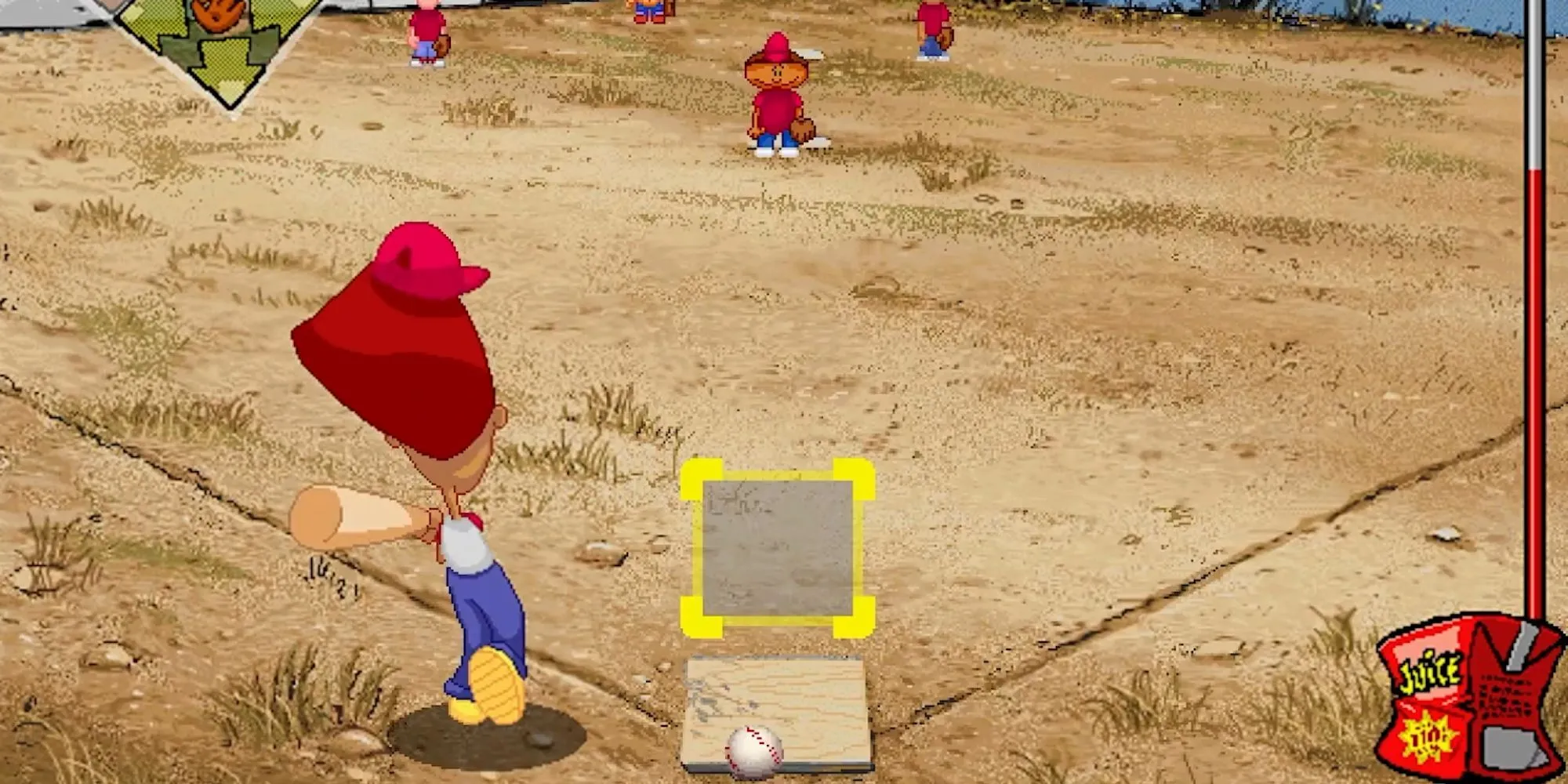 Gameplay: Cầu thủ chuẩn bị đánh bóng trong Backyard Baseball