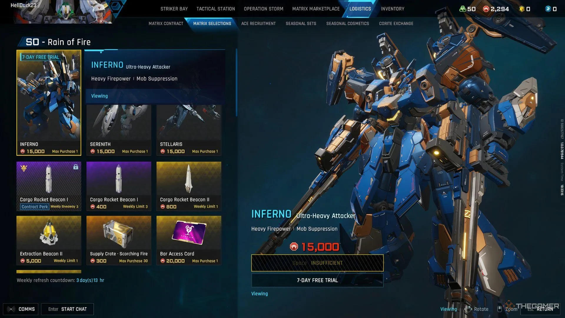 Giao diện cửa hàng Logistics trong Mecha Break với các vật phẩm trang trí và skin mech