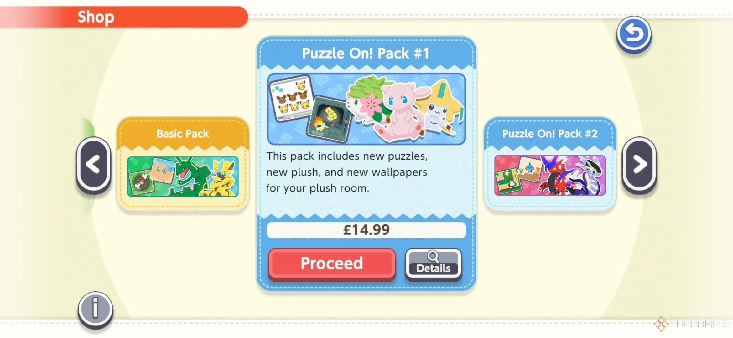 Giao diện gói mở rộng Puzzle On! Pack #1 trong game Pokemon Friends, hiển thị thông tin về các nội dung bổ sung thú vị