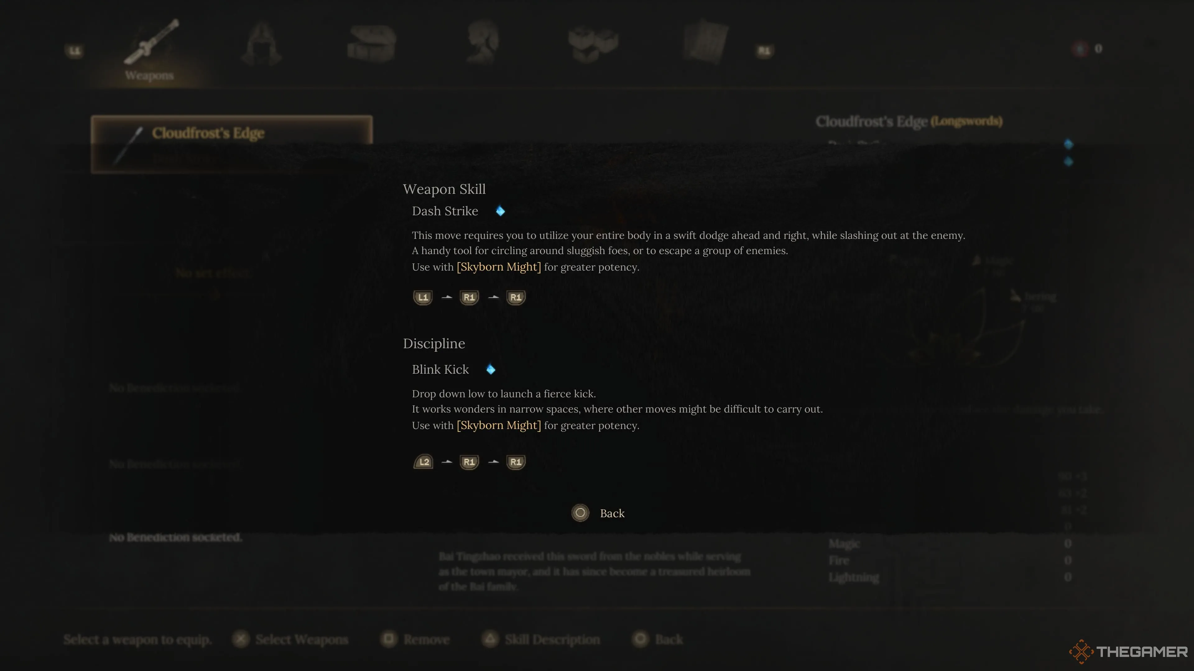 Giao diện hiển thị chi tiết Weapon Skill (kỹ năng vũ khí) và Discipline Skill (kỹ năng môn phái) của một vũ khí trong Wuchang: Fallen Feathers, minh họa các tùy chọn nâng cấp