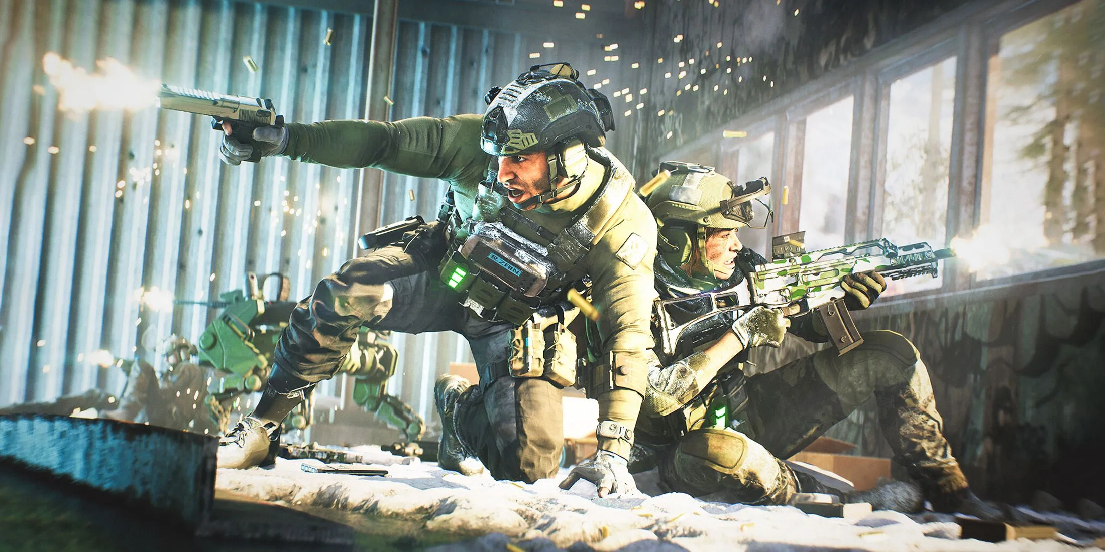 Hai đặc vụ Battlefield 2042 trong một trận chiến khốc liệt, mô tả môi trường có thể bị phá hủy