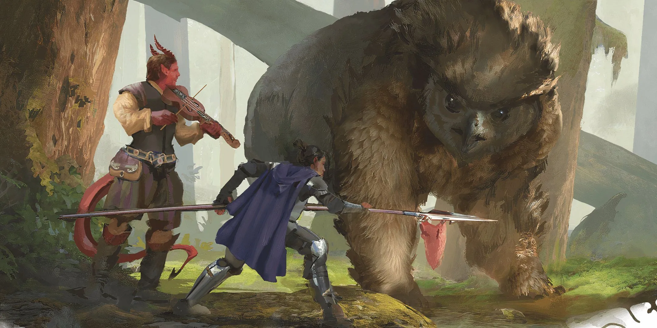 Hai nhà thám hiểm D&amp;D đang đàm phán với Owlbear hung tợn trong một khu rừng