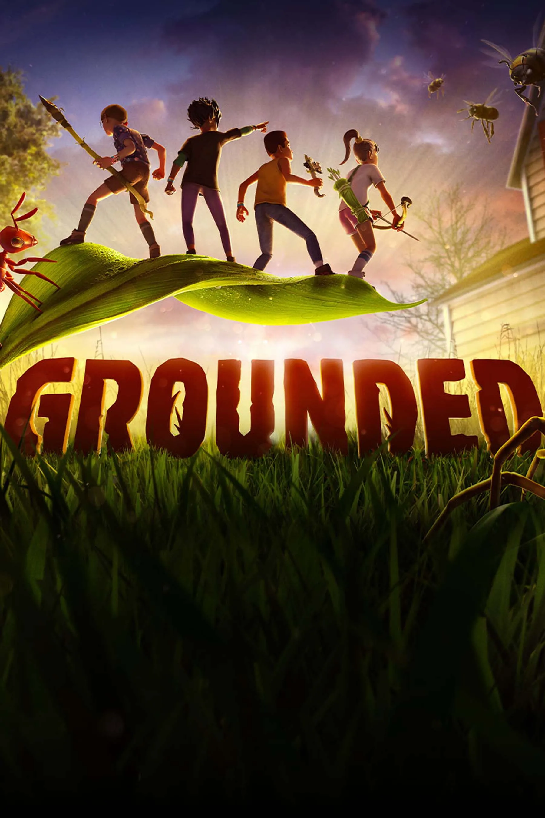 Hai nhân vật tí hon khám phá một khu vườn đầy cỏ và côn trùng khổng lồ trong Grounded