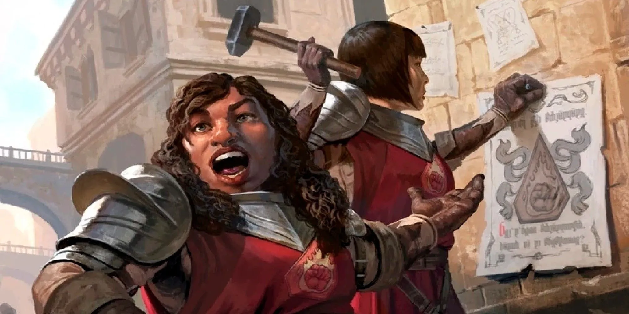 Hai thành viên Flaming Fist dán áp phích tuyển mộ, minh họa sự dễ dãi của lực lượng an ninh D&amp;D