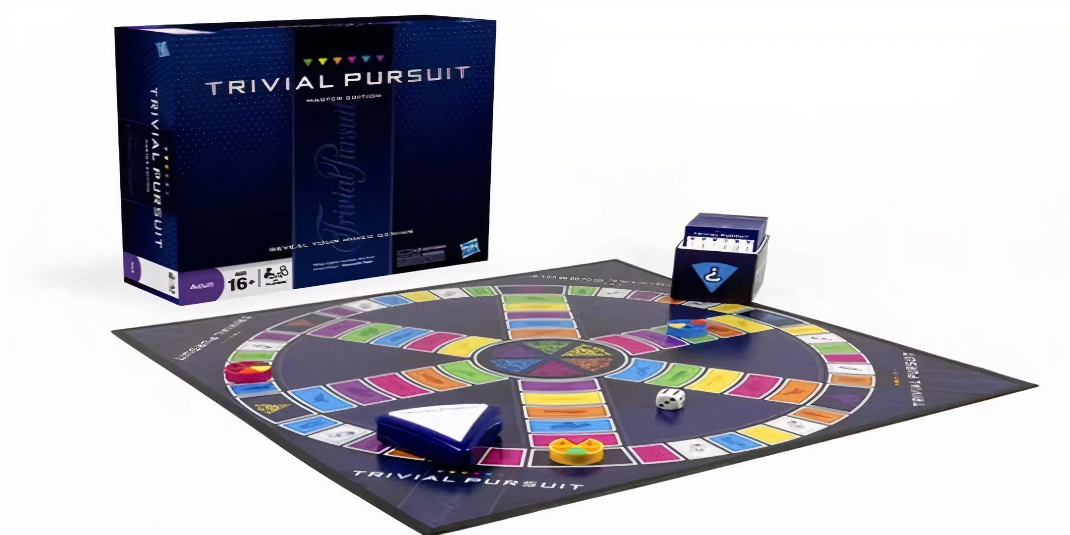 Hình ảnh bàn cờ Trivial Pursuit với các quân cờ màu sắc, một tựa game kiến thức kinh điển cho gia đình.