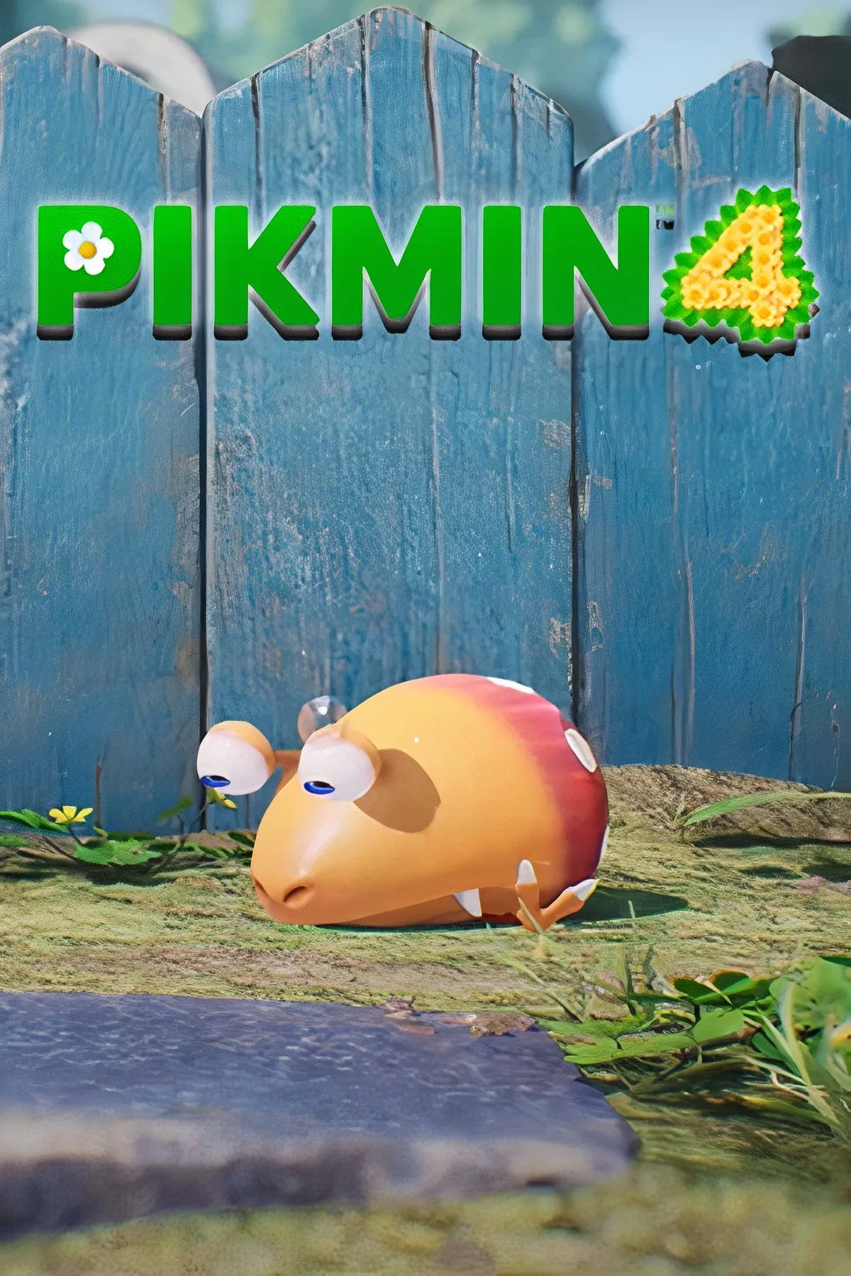 Hình ảnh bìa của Pikmin 4, giới thiệu các sinh vật Pikmin đáng yêu và bạn đồng hành Oatchi.
