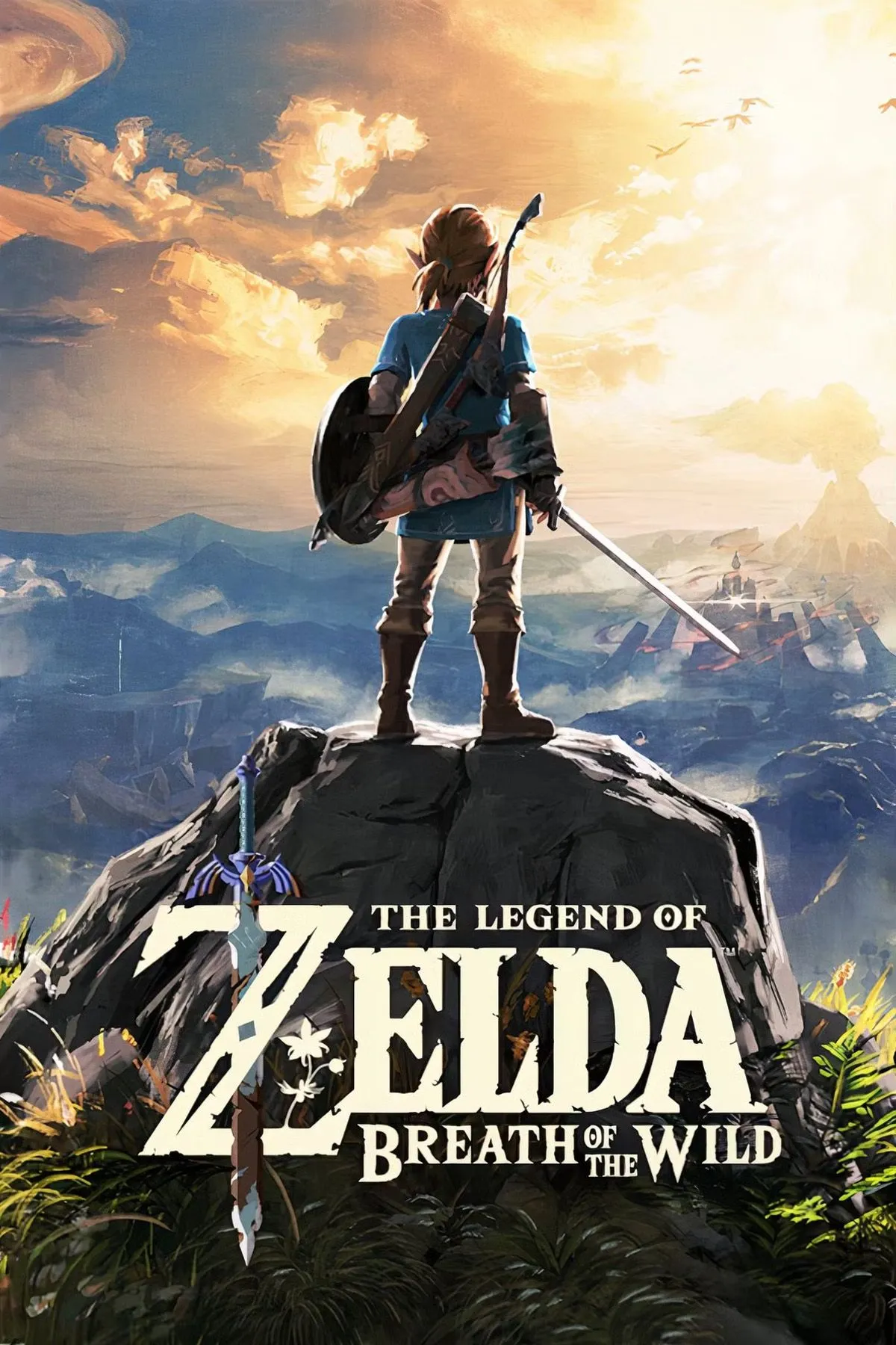 Hình ảnh bìa của The Legend of Zelda: Breath of the Wild, thể hiện thế giới mở Hyrule rộng lớn và huyền ảo.