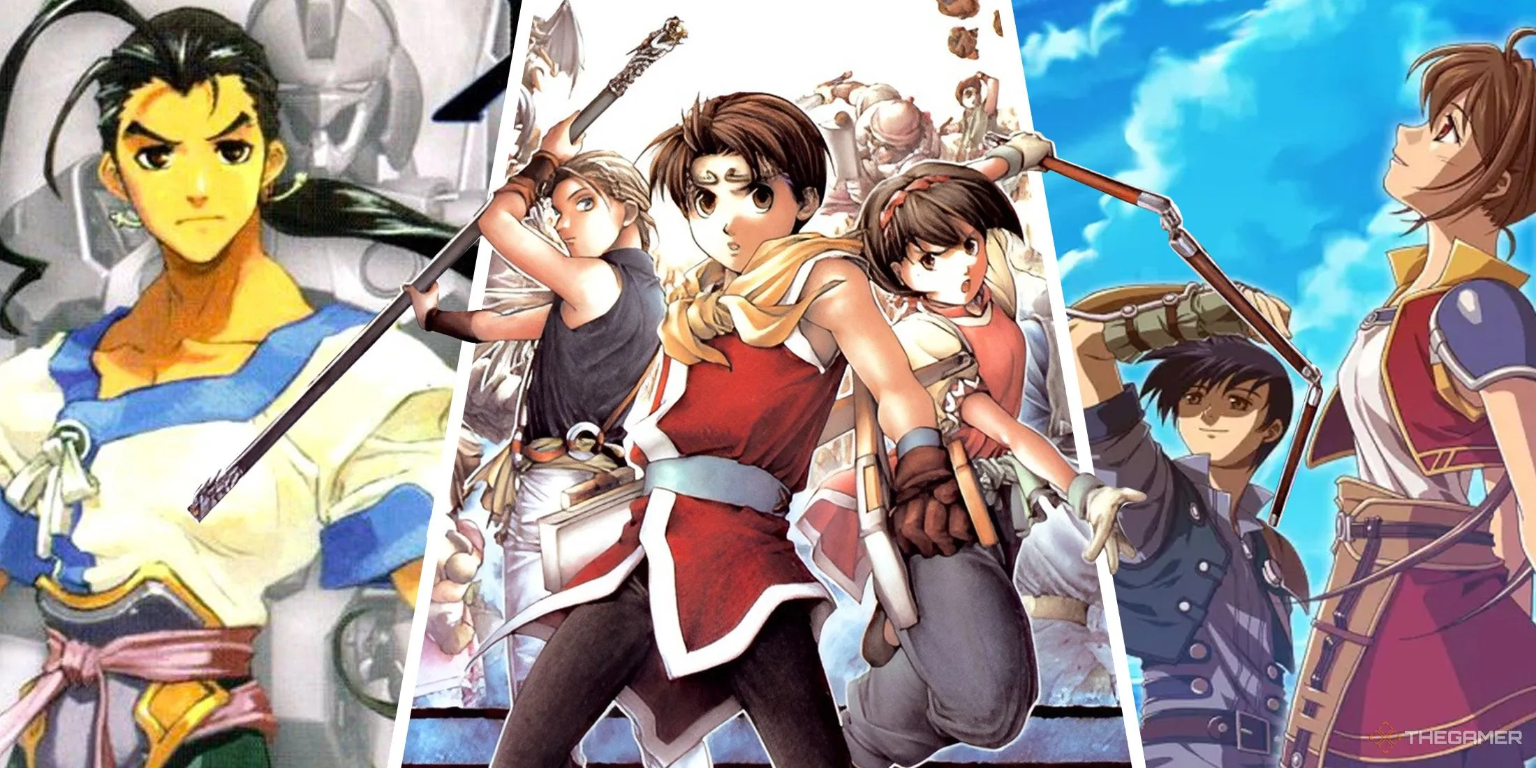 Hình ảnh ghép ba bìa game JRPG Suikoden II, The Legend Of Heroes - Trails In The Sky và Xenogears, minh họa cho các game có cốt truyện sâu sắc