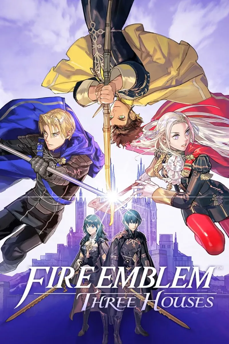 Hình ảnh key art của Fire Emblem: Three Houses, với các nhân vật chính và biểu tượng ba nhà.
