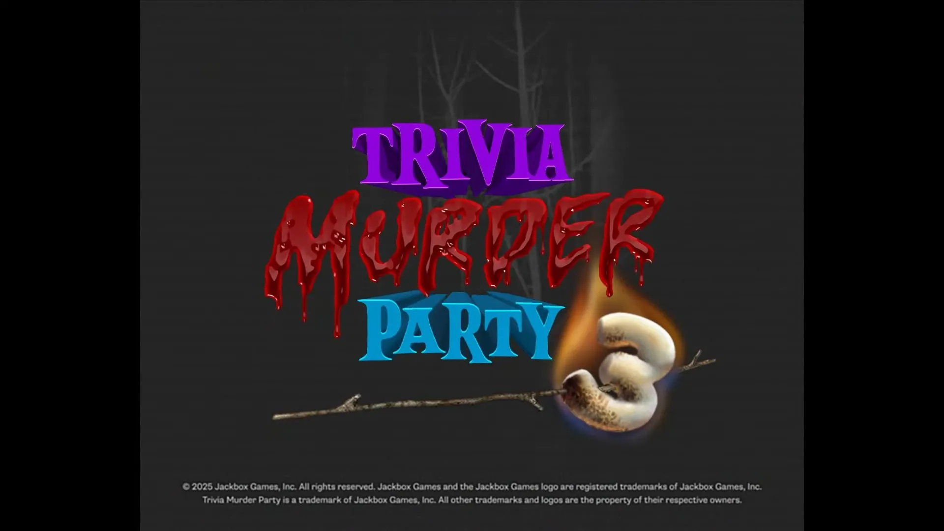 Hình ảnh logo game Trivia Murder Party 3 với khung cảnh rùng rợn, phong cách kinh dị nhẹ nhàng, kèm theo thông báo hoãn ra mắt.