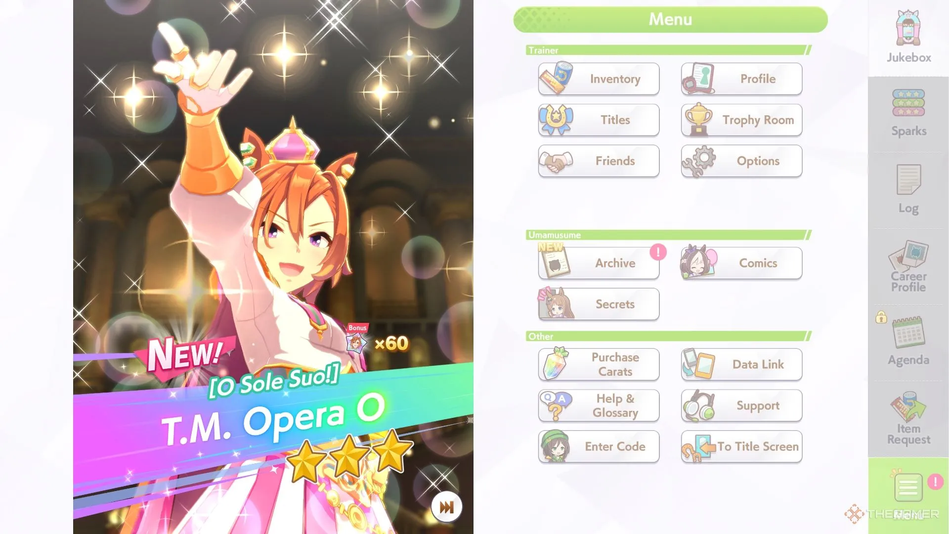 Hình ảnh TM Opera O rạng rỡ trên banner gacha trong game Umamusume Pretty Derby, giới thiệu đặc điểm của nàng ngựa đua này.