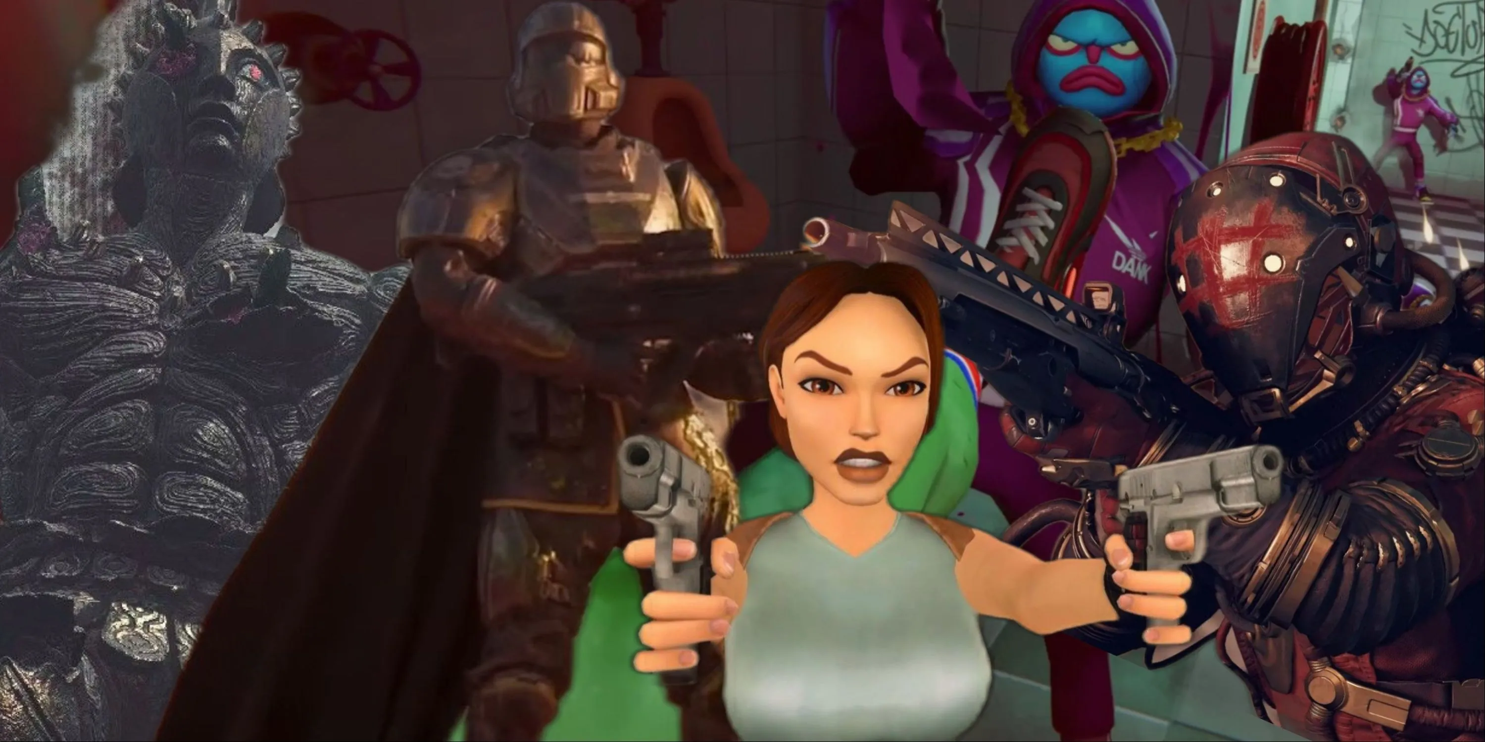 Hình ảnh tổng hợp các nhân vật game hành động nổi bật trên PC, bao gồm Lara Croft, Helldivers 2 Soldier, Crimson Fleet từ Starfield, Talos từ Dragon's Dogma 2 và Anger Foot, tượng trưng cho sự đa dạng game PC.
