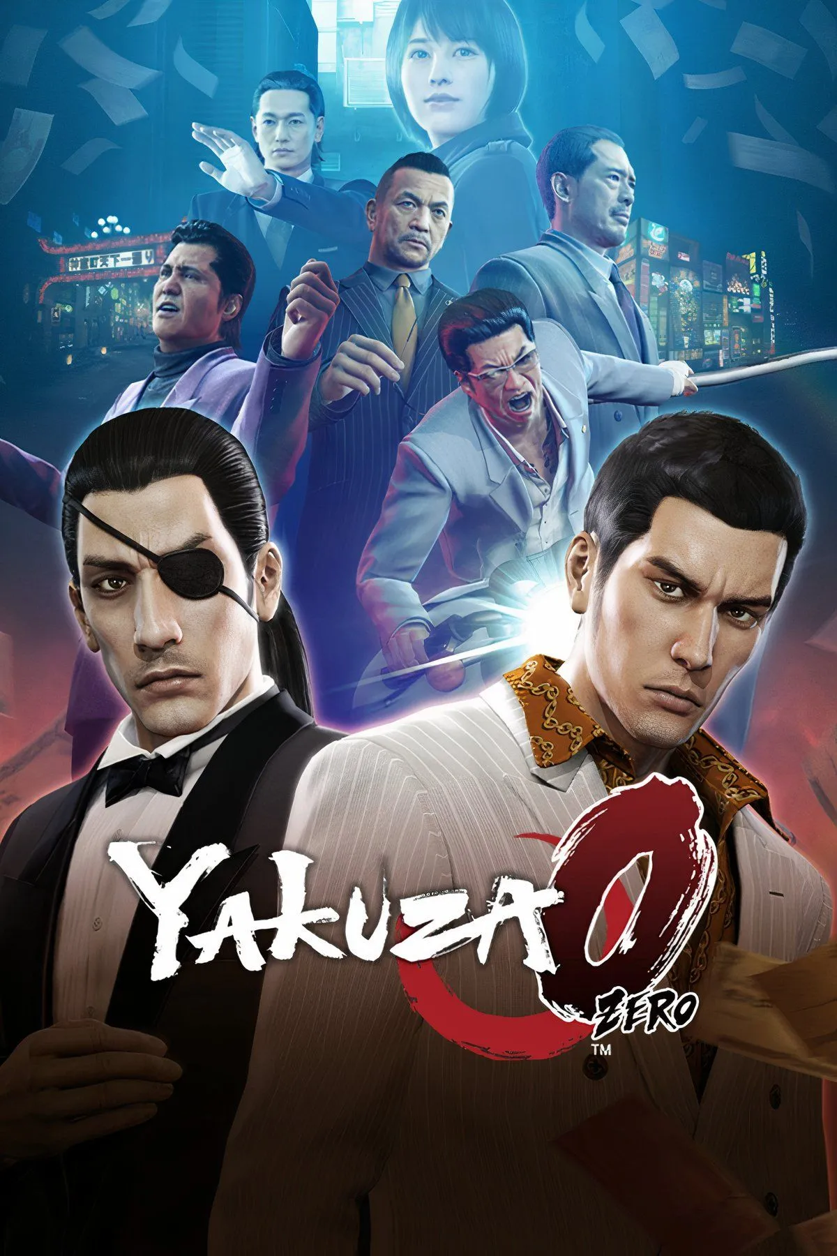 Hình ảnh tổng hợp các nhân vật và khung cảnh sống động của khu phố Kamurocho và Sotenbori trong game Yakuza 0.