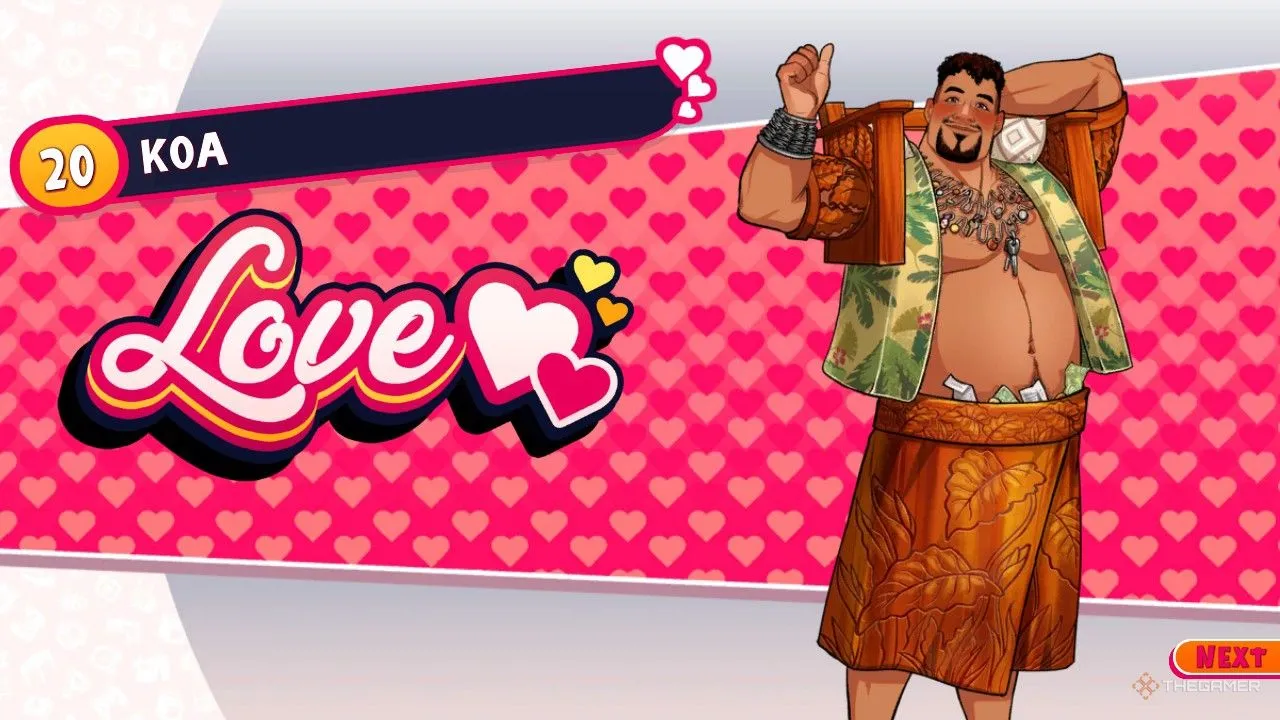 Hình ảnh trong game Date Everything! khi người chơi đạt được kết thúc tình yêu lãng mạn với Koa.