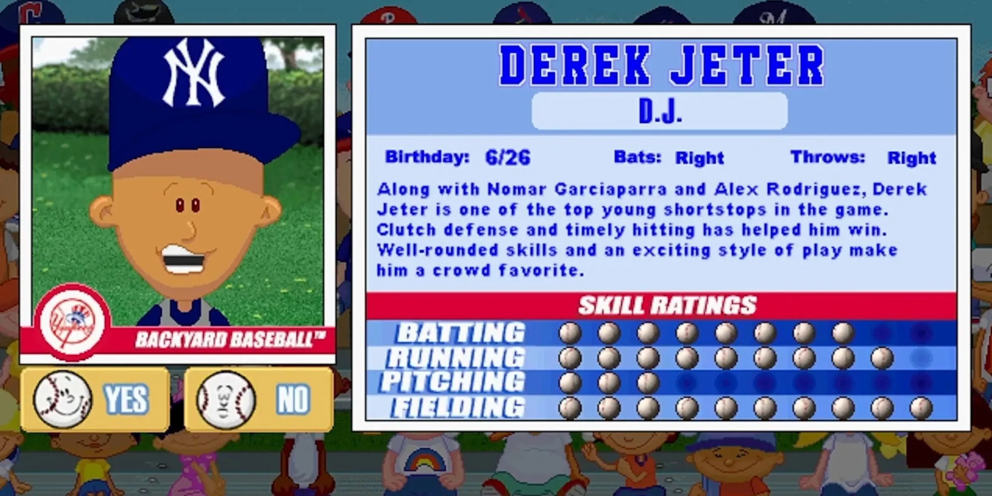 Hồ sơ cầu thủ Derek Jeter trong game Backyard Baseball 2001