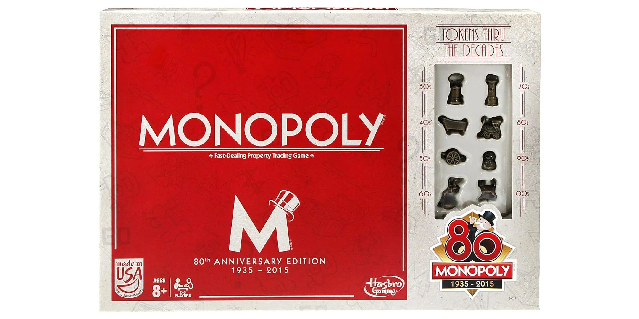 Hộp board game Monopoly phiên bản kỷ niệm 80 năm với tông màu xanh cổ điển, biểu tượng cho sự lâu đời và phổ biến của trò chơi.