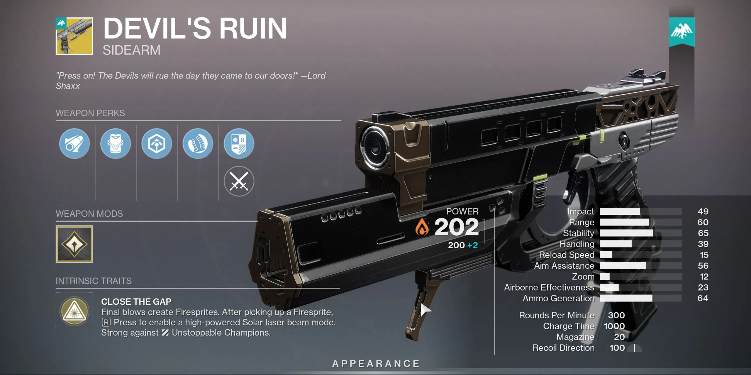 Khẩu Sidearm Exotic Devil's Ruin cùng bảng chỉ số chi tiết trong Destiny 2
