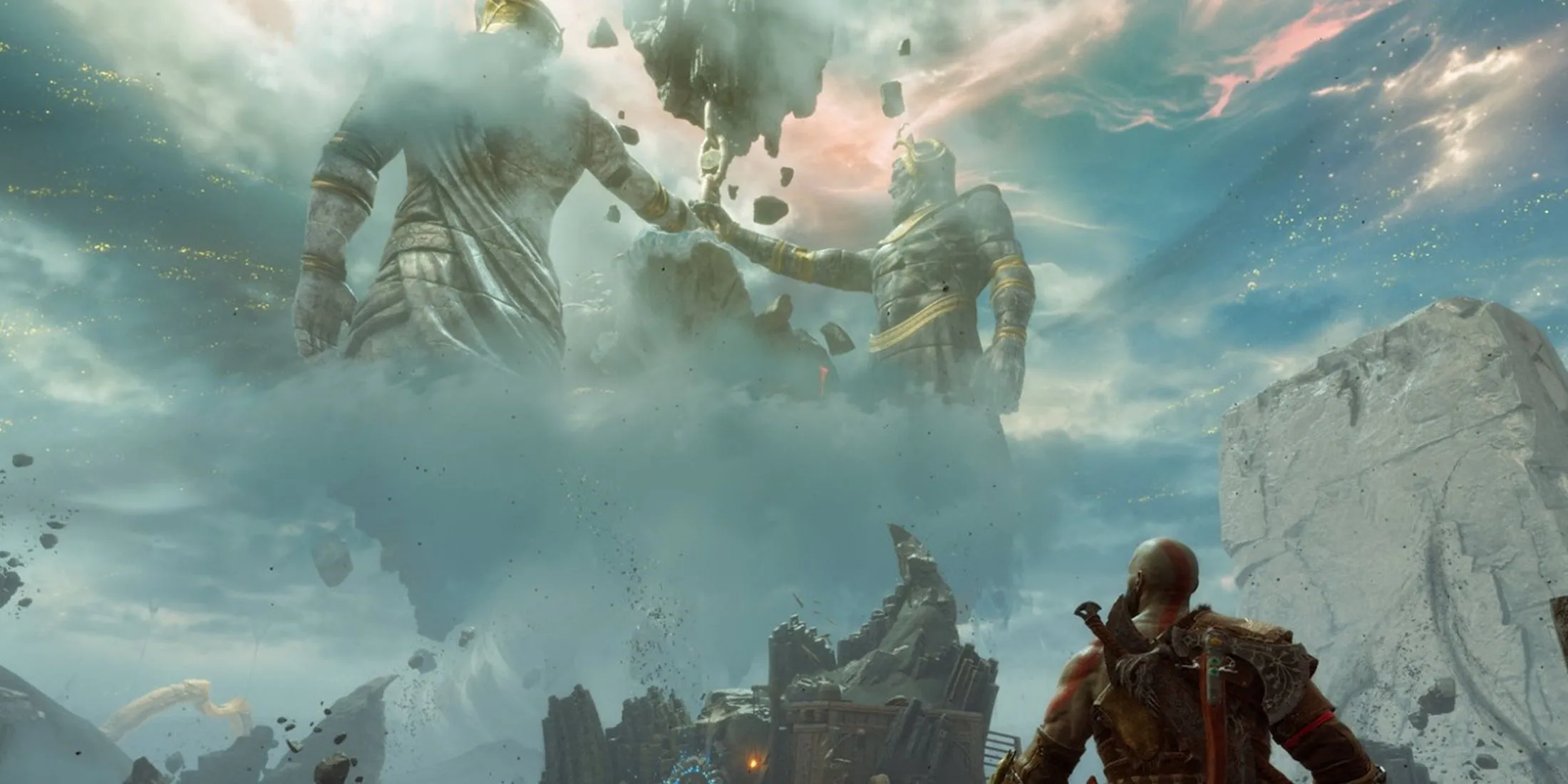 Kratos trầm tư ngắm nhìn những bức tượng khổng lồ trong thế giới God of War Ragnarok