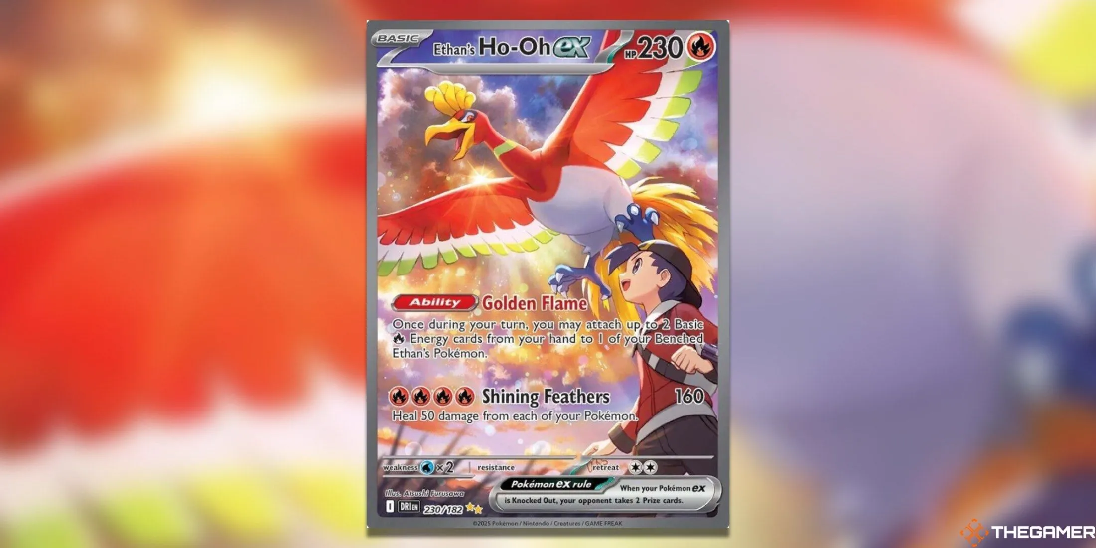 Lá bài Ethan's Ho-Oh ex Special Illustration Rare trong Pokemon TCG Destined Rivals, thể hiện Ho-Oh bay lượn cùng Ethan.
