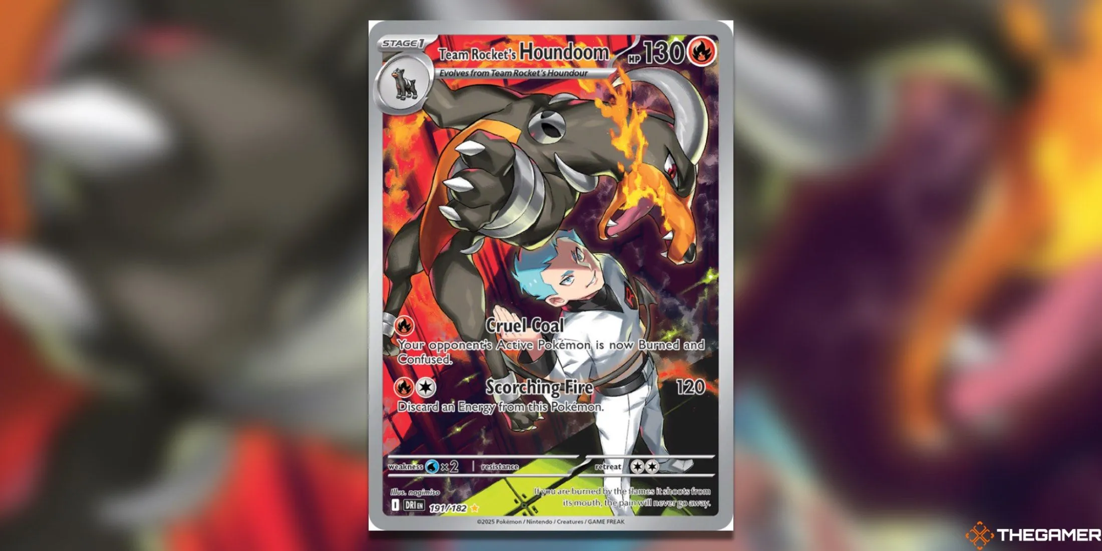 Lá bài Team Rocket's Houndoom Illustration Rare trong Pokemon TCG Destined Rivals, thể hiện Houndoom cùng Archer của Team Rocket.