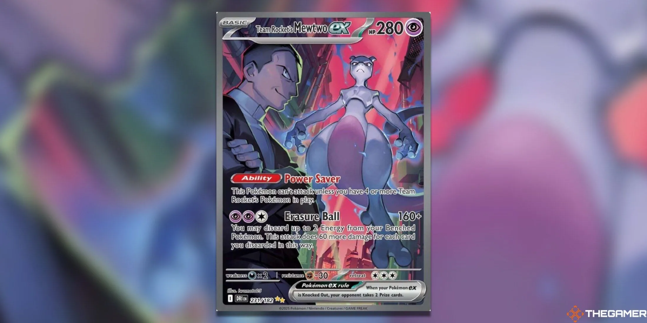 Lá bài Team Rocket's Mewtwo ex Special Illustration Rare, lá đắt giá nhất bộ Destined Rivals, thể hiện Mewtwo và Giovanni.