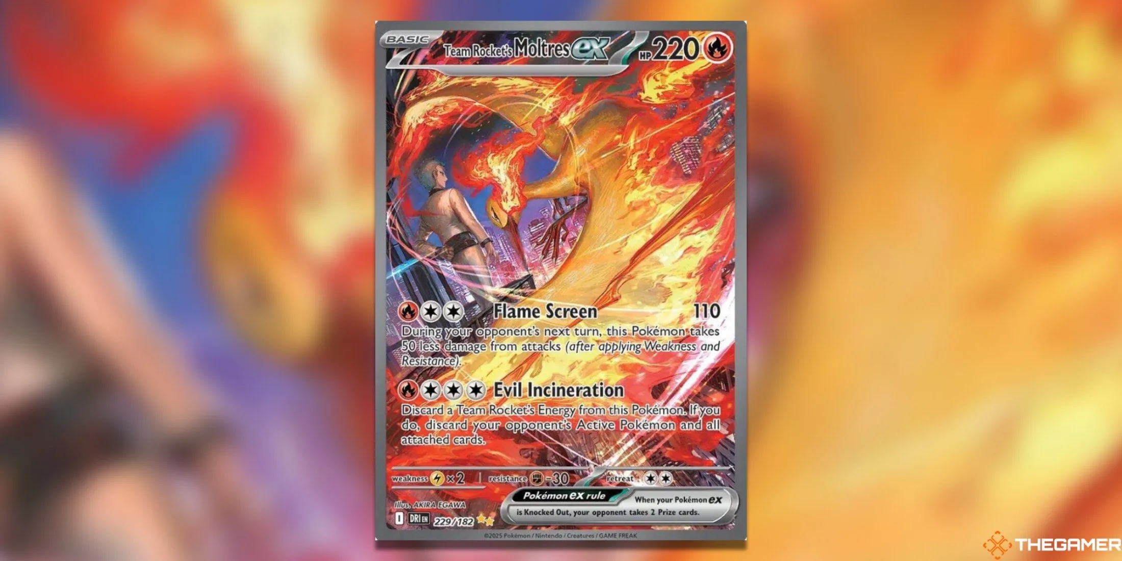 Lá bài Team Rocket's Moltres ex Special Illustration Rare từ bộ Destined Rivals, với hình ảnh Moltres rực lửa.