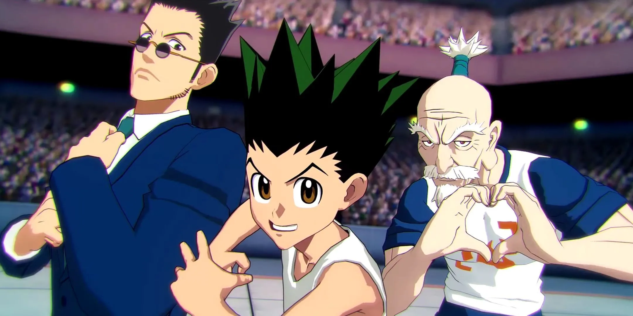 Leorio, Gon và Isaac Netero cùng chiến đấu trong Hunter x Hunter: Nen x Impact, thể hiện lối chơi đối kháng thẻ bài 3v3 tốc độ cao.