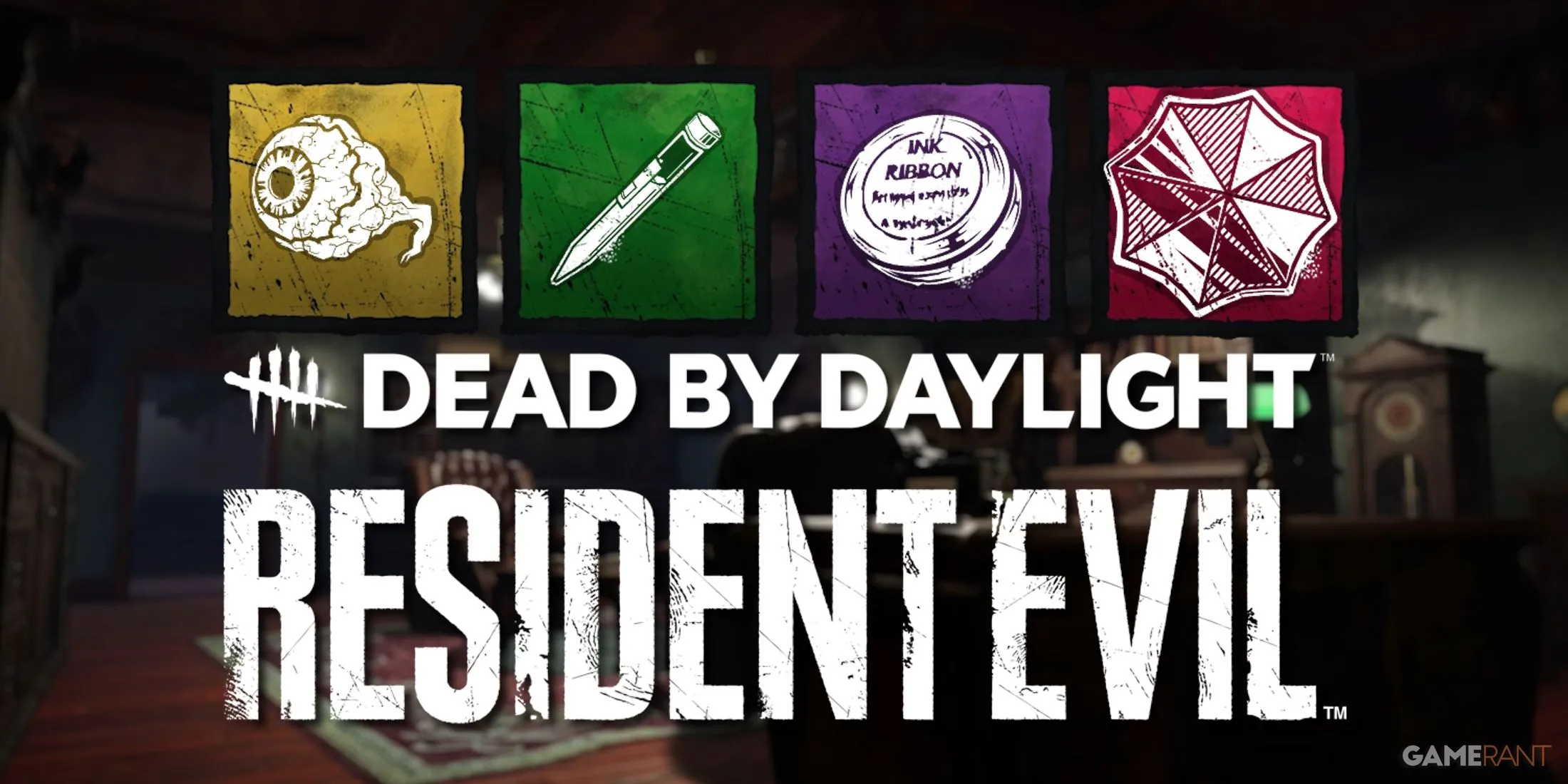 Logo Resident Evil trên nền văn phòng RPD với các biểu tượng Add-on của Dead by Daylight