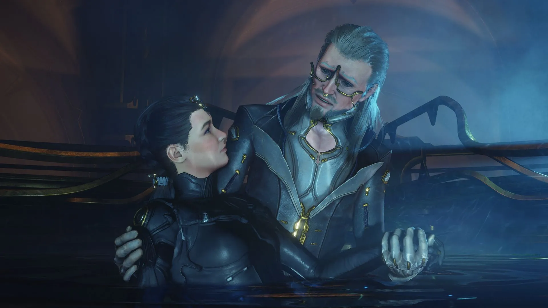Loid đang ôm Operator trong vòng tay trong Warframe, tạo cảm giác thân thuộc