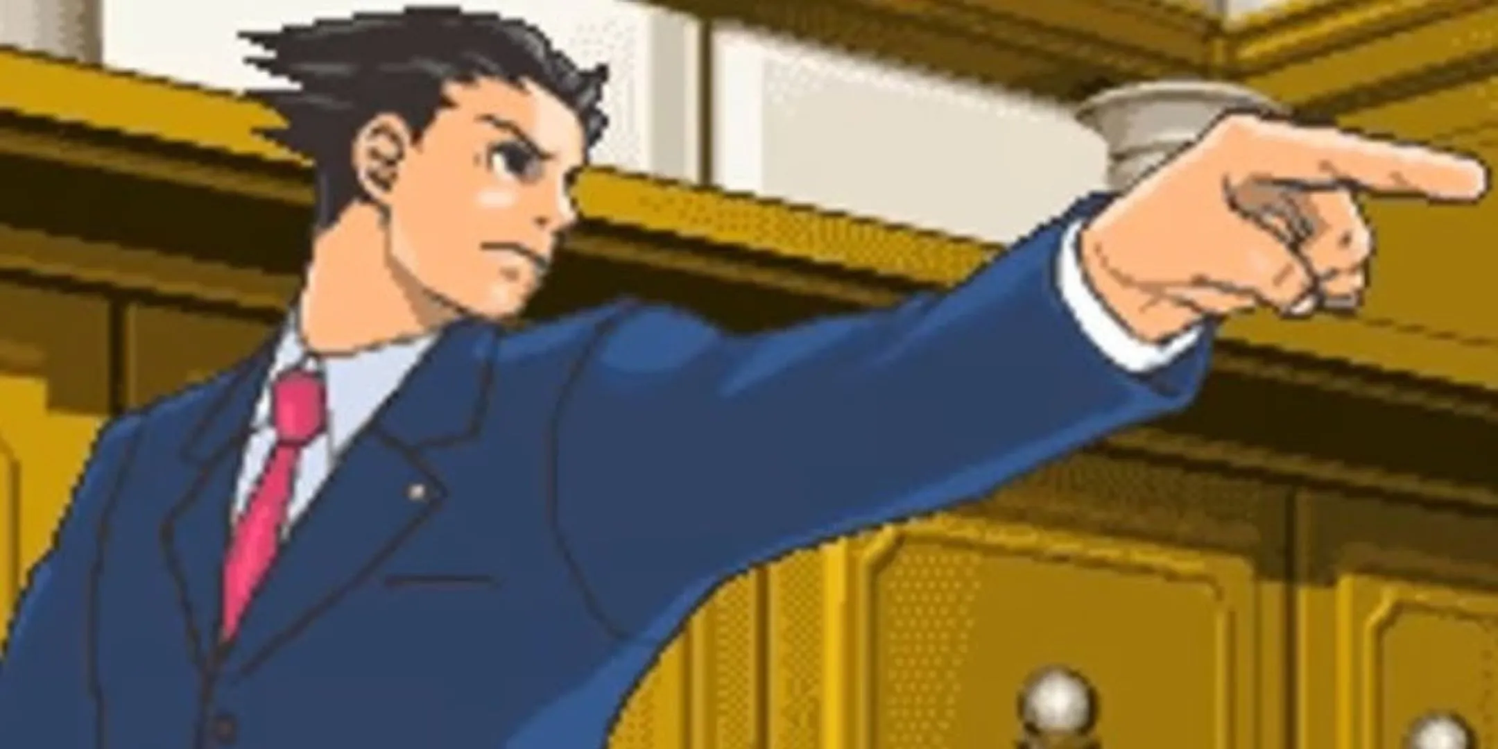 Luật sư Phoenix Wright với động tác chỉ tay đặc trưng trong phiên bản Ace Attorney trên DS