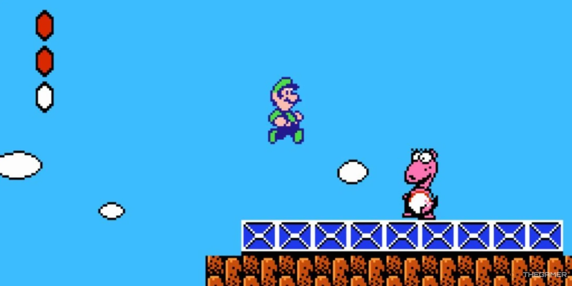 Luigi đang nhảy qua kẻ địch Birdette trong Super Mario Bros 2.