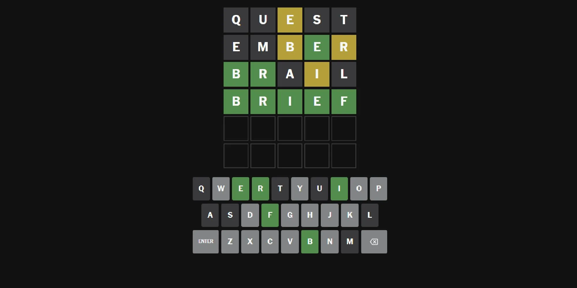 Màn hình chơi game Wordle trên New York Times, hiển thị một lượt chơi đã hoàn thành với các ô chữ cái xanh lá và vàng