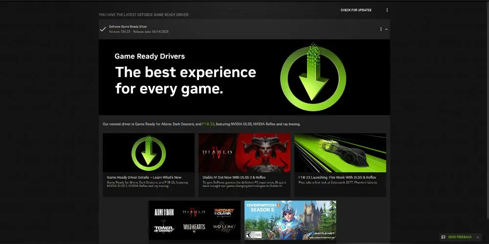 Màn hình giao diện NVIDIA GeForce Experience với thông báo cập nhật driver đồ họa, minh họa quá trình quản lý driver cho card đồ họa.