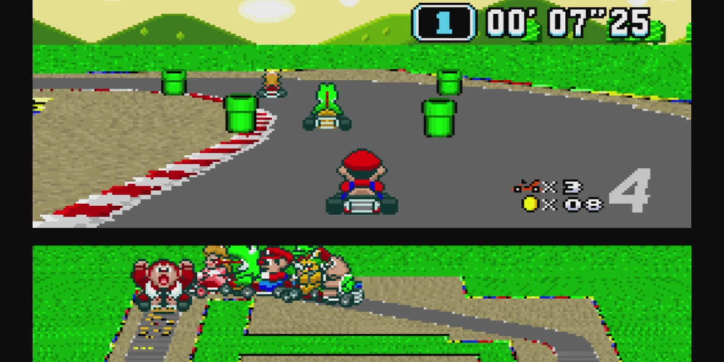 Mario, Yoshi và Peach đang đua xe quanh đường đua Mario Circuit trong Super Mario Kart.