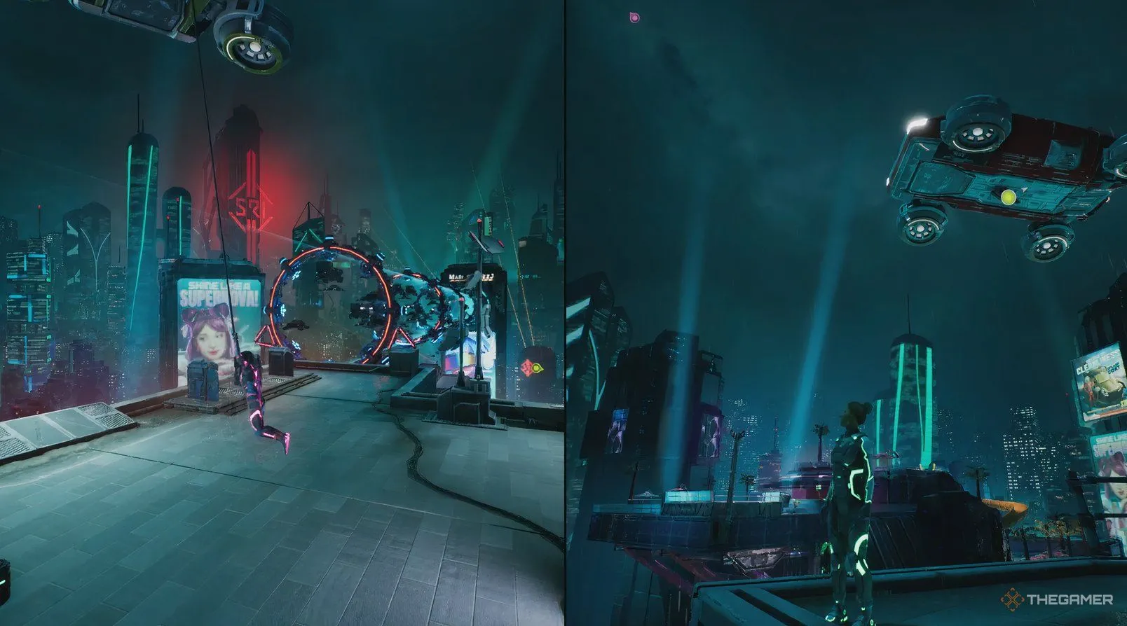 Mio và Zoe khéo léo đu bám giữa những chiếc xe bay, thể hiện khả năng platforming đỉnh cao trong Split Fiction.