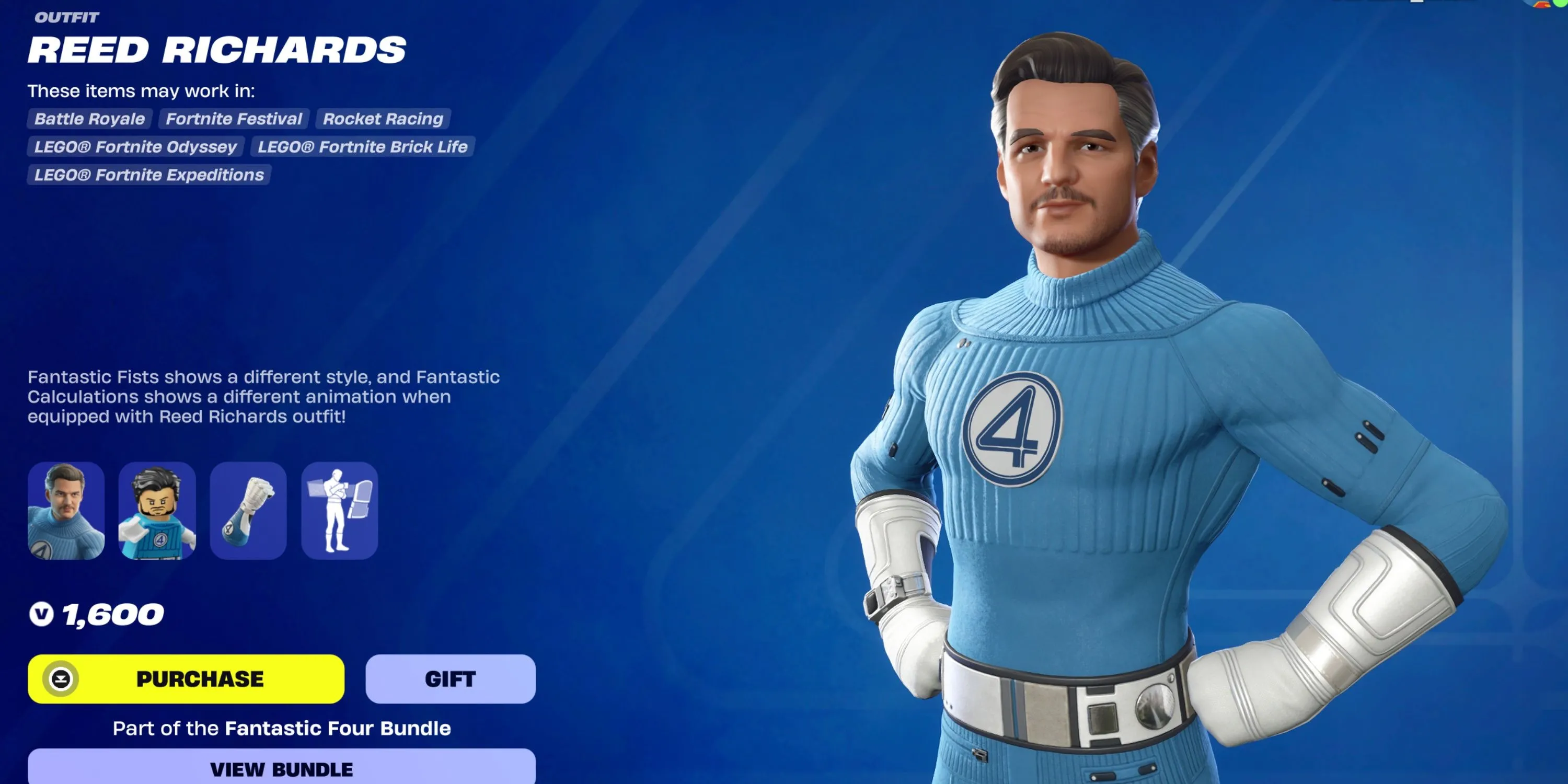 Mister Fantastic trong Fortnite với bộ trang phục Fantastic Four đặc trưng của Reed Richards.