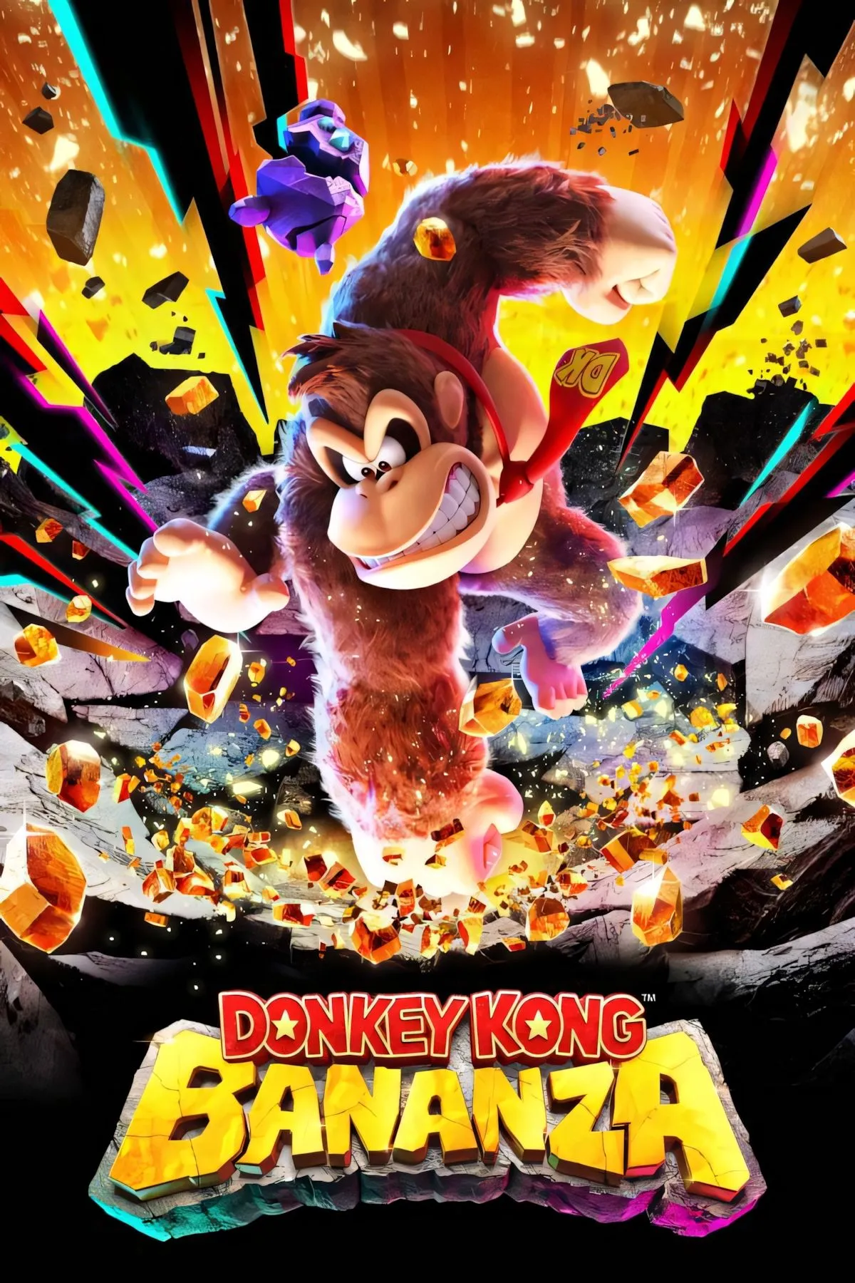 Một con khỉ Donkey Kong với bộ lông màu nâu, đeo cà vạt đỏ, đang đấm mạnh xuống mặt đất màu xanh lá cây đậm, tạo ra hiệu ứng vỡ vụn và những mảnh đất bay lên. Ánh sáng vàng dịu bao trùm khung cảnh, tạo cảm giác phiêu lưu và phá hủy.