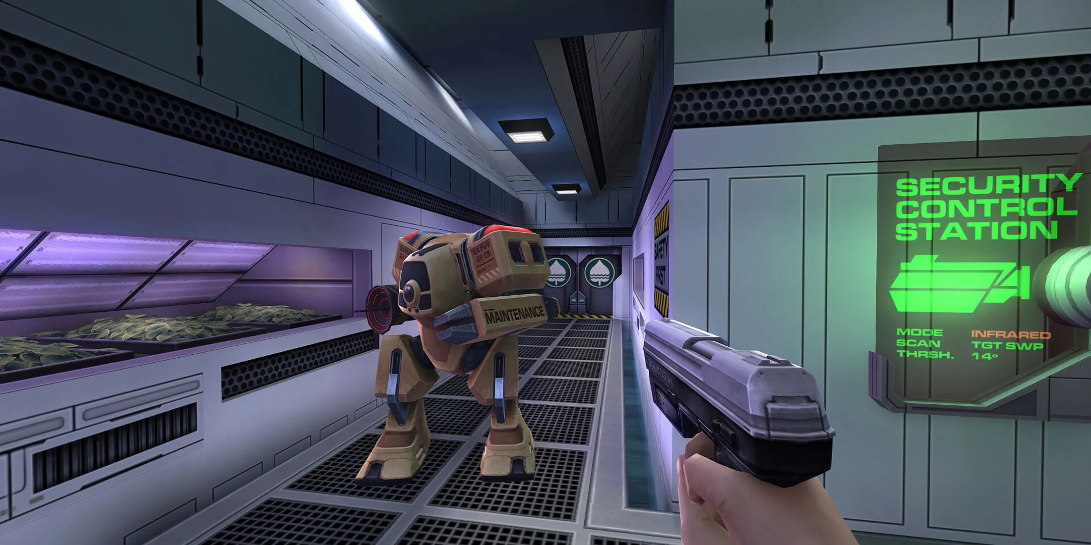 Một con robot chiến đấu khổng lồ trong System Shock 2 Remastered, cho thấy sự đa dạng và độ khó của các loại kẻ thù trên tàu.
