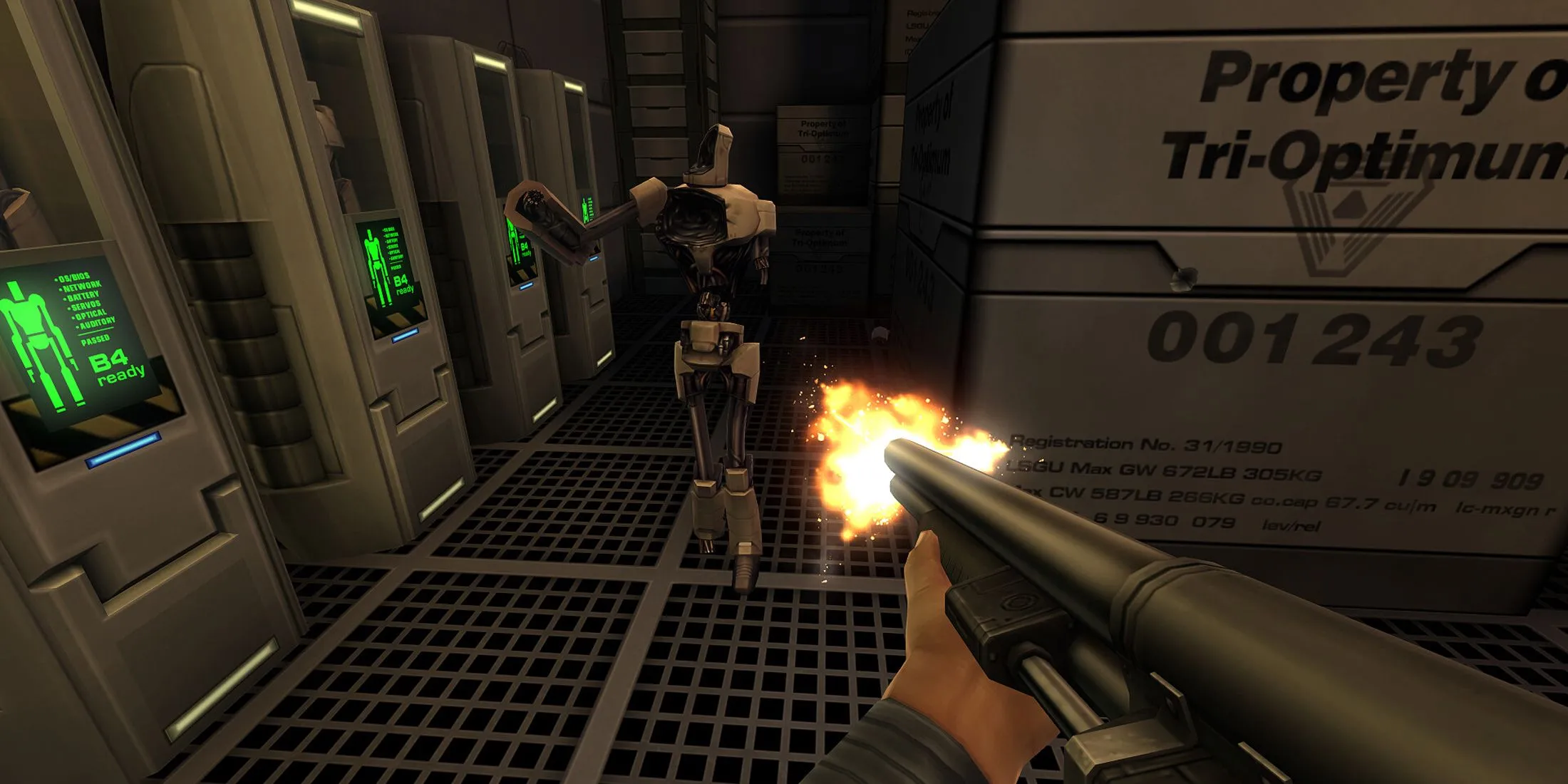 Một game thủ đang sử dụng súng săn trong System Shock 2 Remastered, nhấn mạnh sự khan hiếm tài nguyên và chiến thuật sử dụng vũ khí.