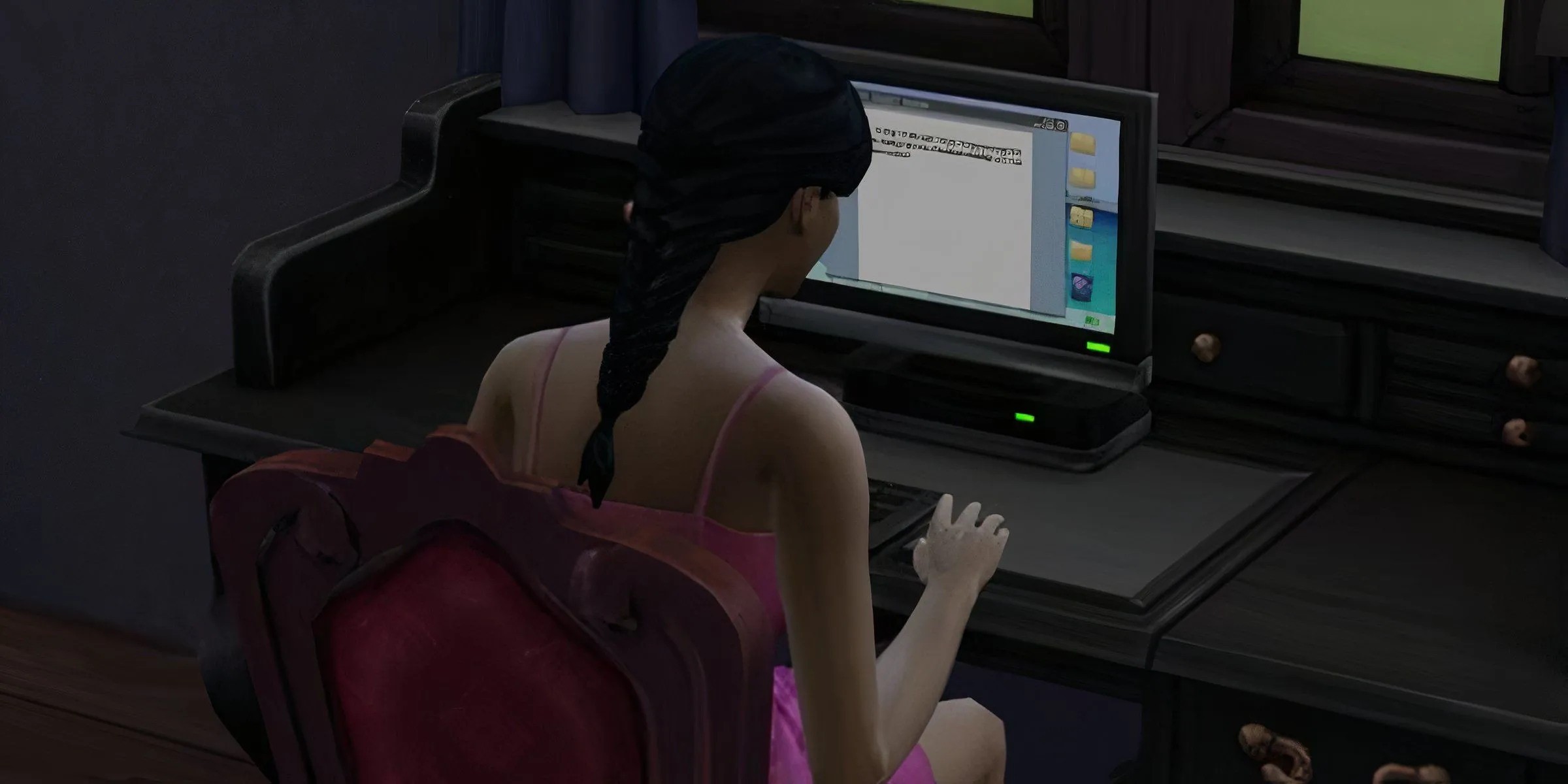 Một nhân vật Sim tóc đen đang gõ sách trên máy tính trong The Sims 4, thể hiện hành động làm việc hoặc chơi game trên máy tính.