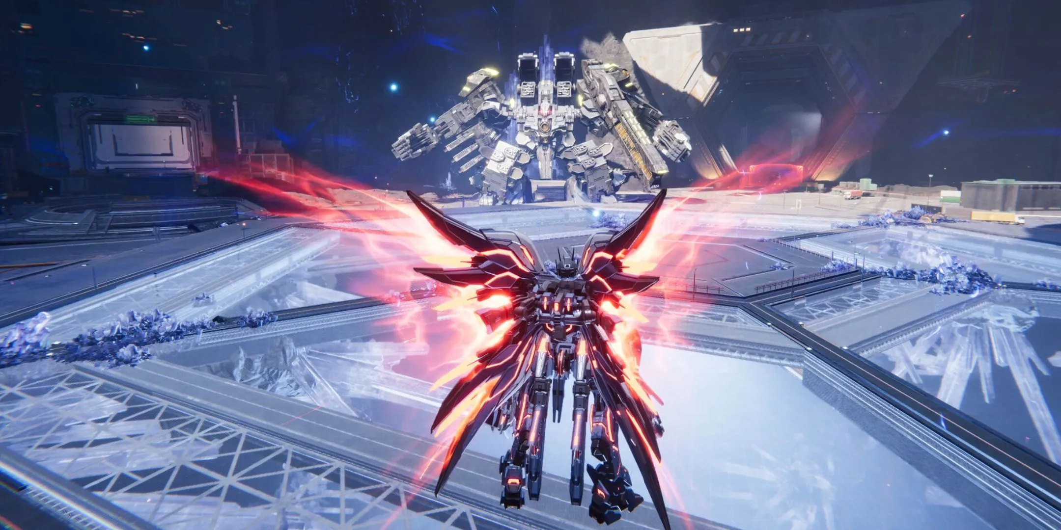 Một Striker trong Mecha Break đối đầu với kẻ địch khổng lồ, thể hiện sự đa dạng lối chơi