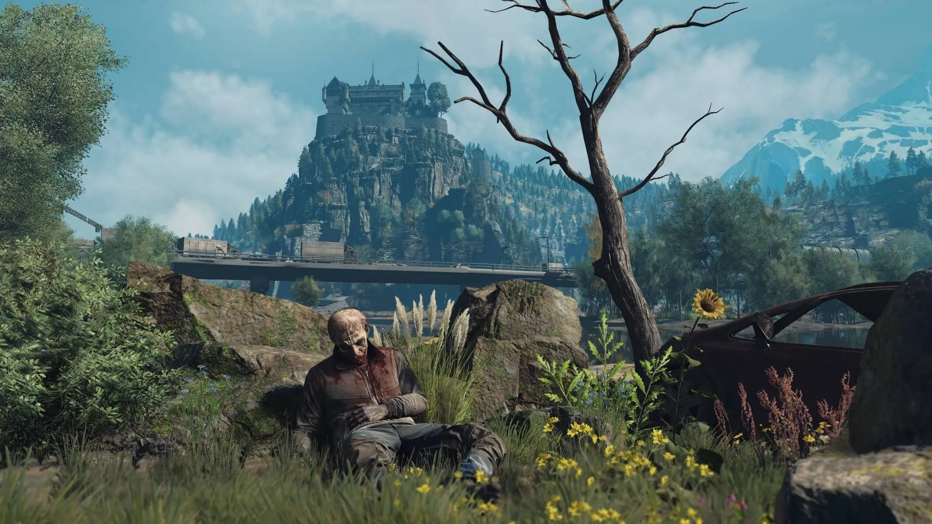 Một xác chết nằm giữa vùng hoang dã, thể hiện không khí u ám của Dying Light The Beast