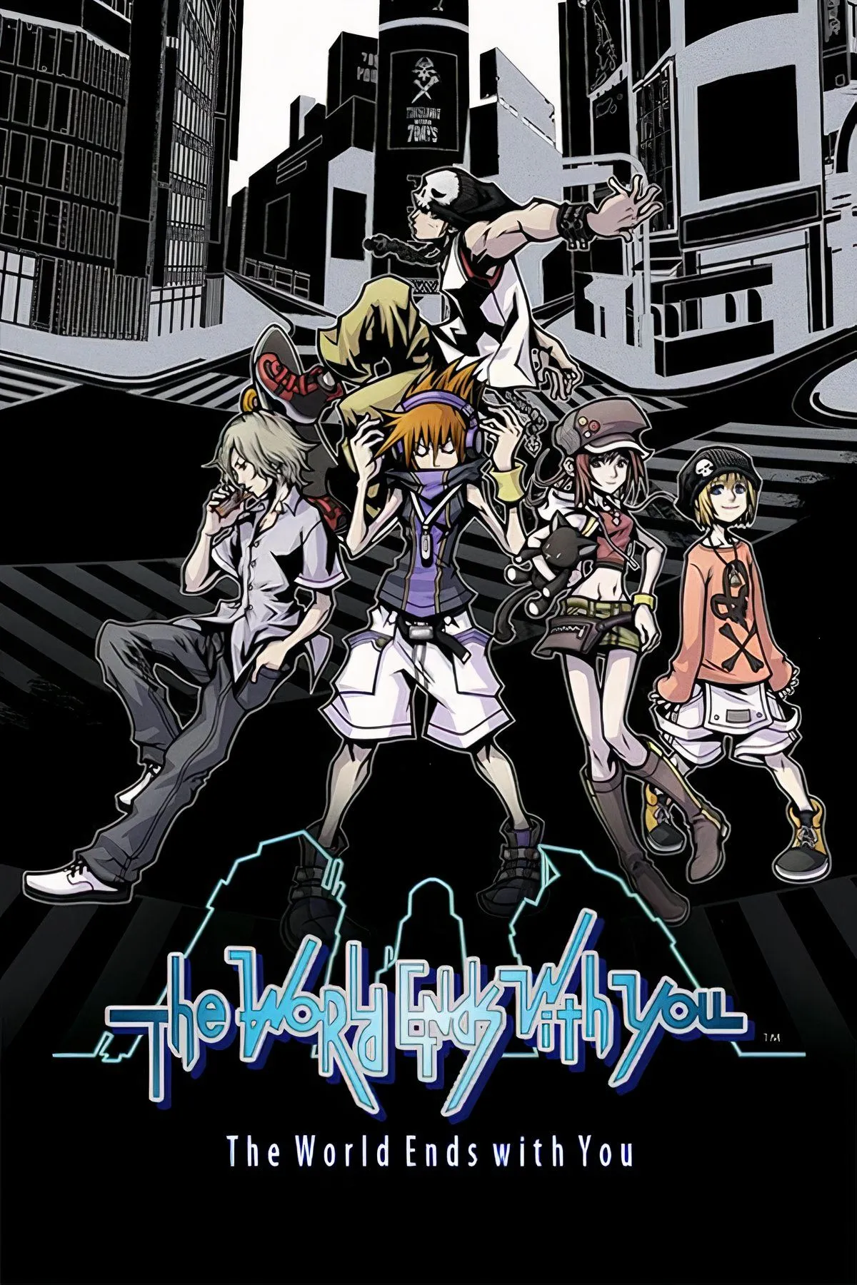 Nekuro Sakuraba và bạn bè trên ảnh bìa The World Ends With You, một JRPG sử dụng độc đáo tính năng của Nintendo DS