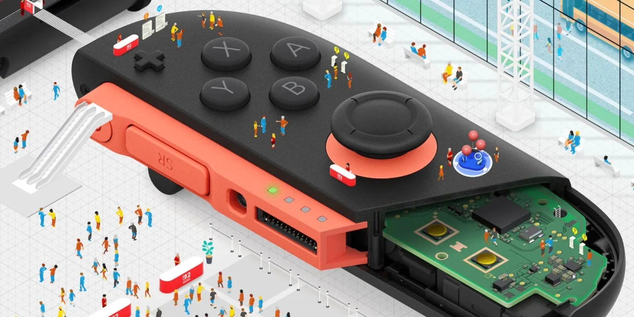 Người chơi trải nghiệm Nintendo Switch 2 Welcome Tour với tay cầm Joy-Con màu xanh và đỏ