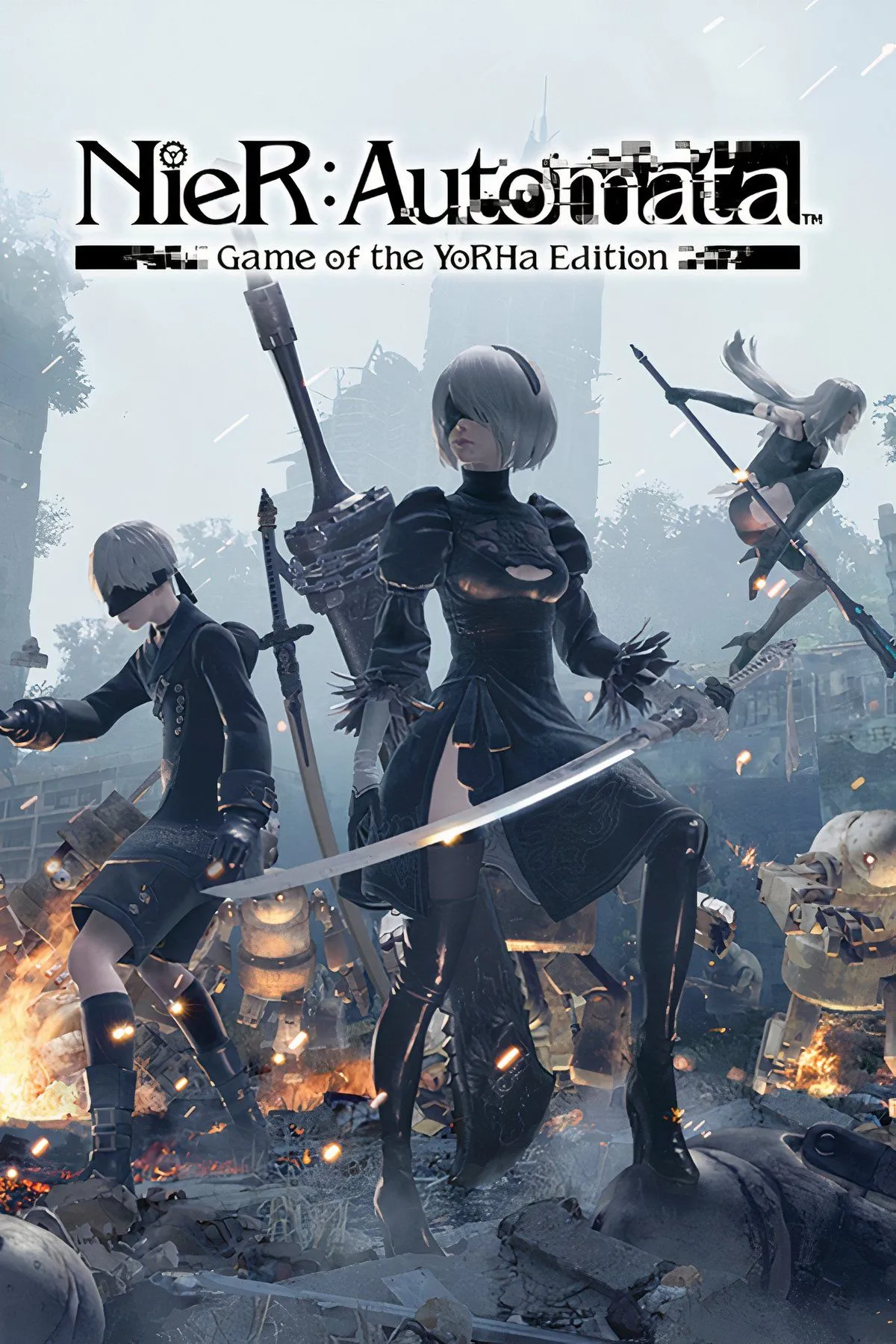 Nhân vật 2B của NieR: Automata đứng giữa một thế giới đổ nát, thể hiện cốt truyện sâu sắc và nhiều kết thúc của game.
