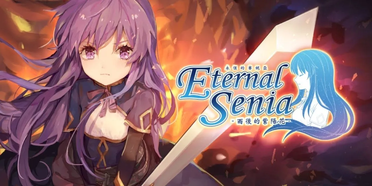 Nhân vật Senia cầm kiếm giữa ngọn lửa, sẵn sàng chiến đấu trong JRPG miễn phí Eternal Senia.